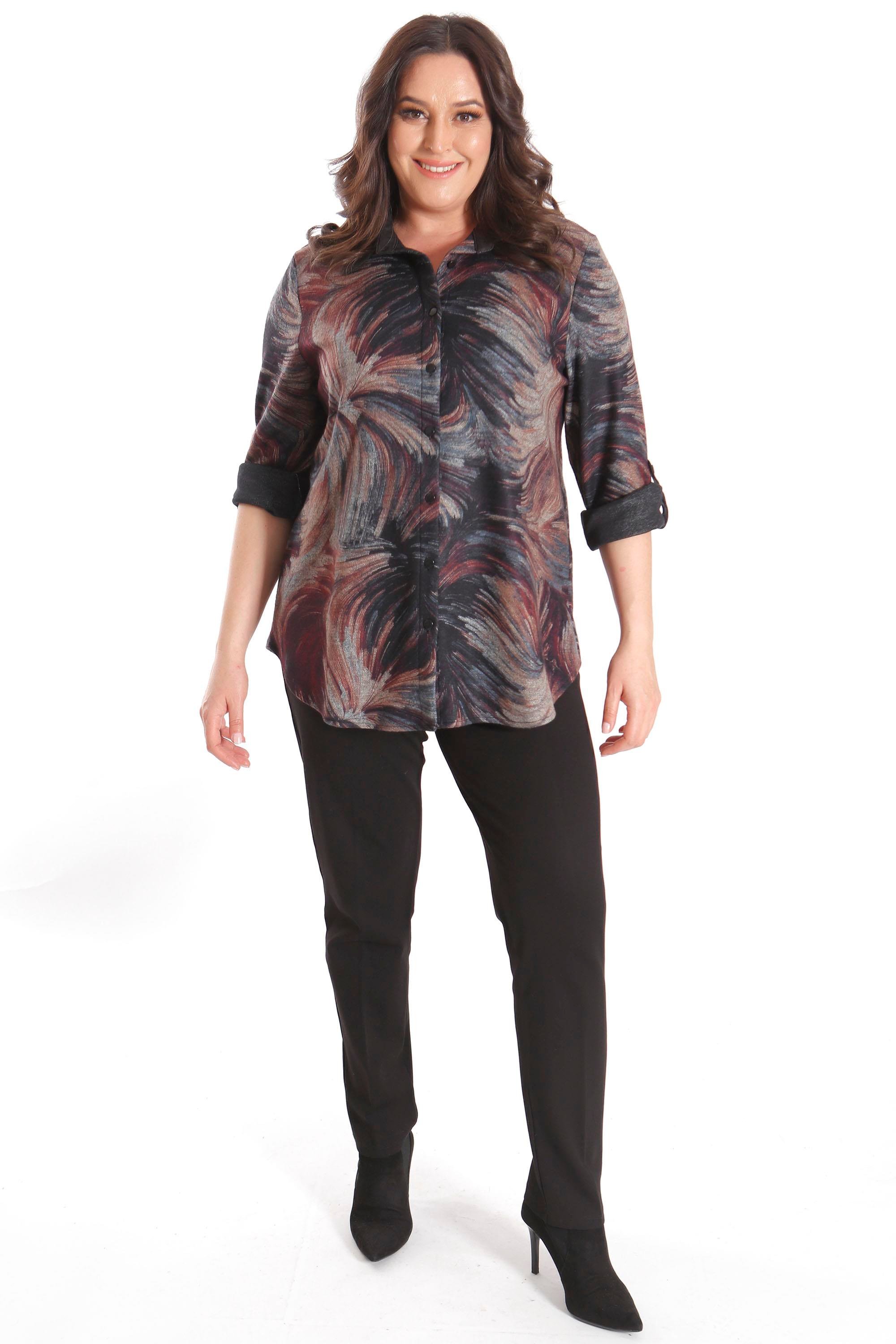 Trend42plus Büyük Beden Dijital Baskılı Deri Yakalı Mürdüm Gömlek