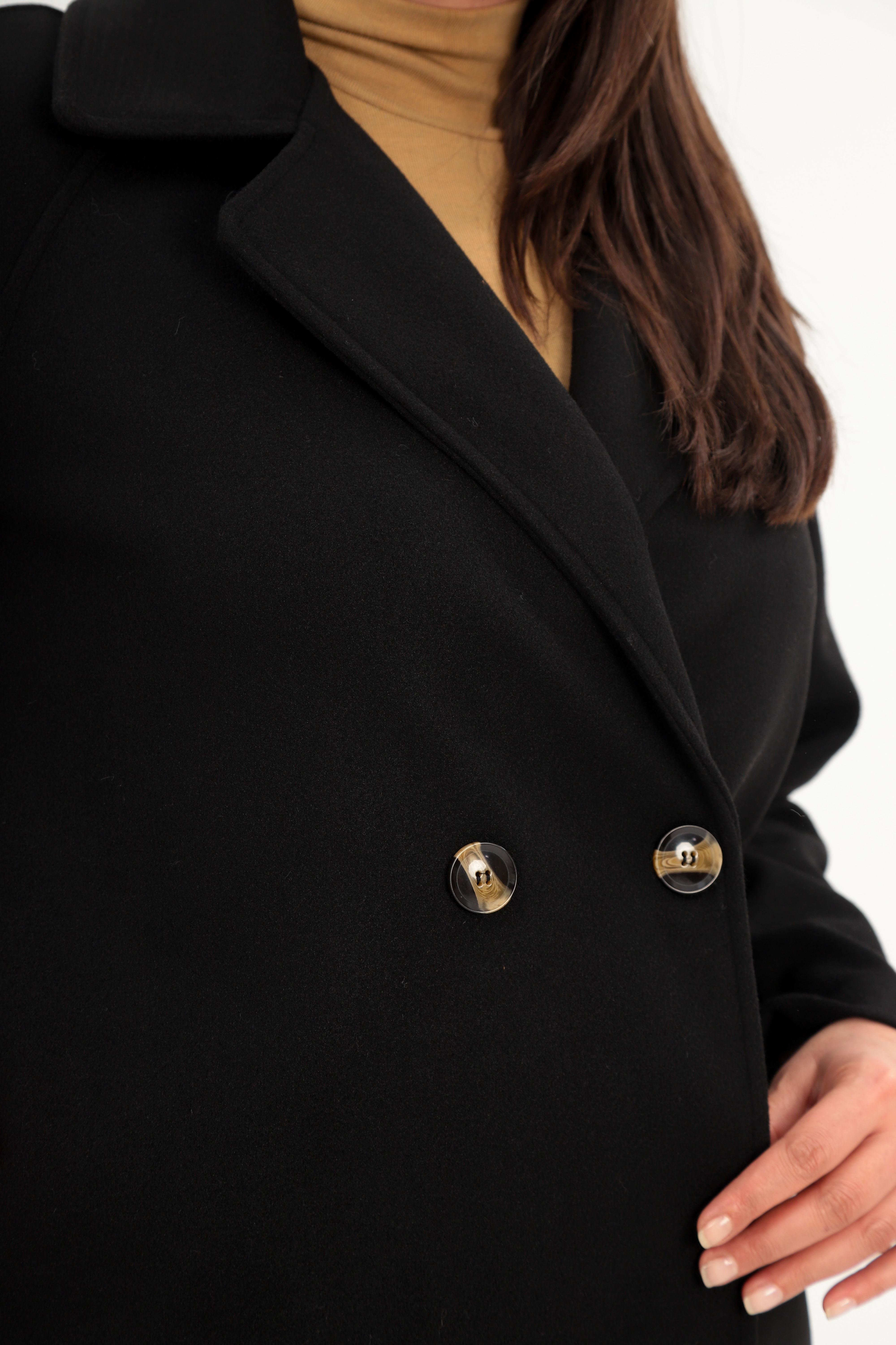 Trend42plus Büyük Beden Düğmeli Detaylı Kaşe Siyah Kaban