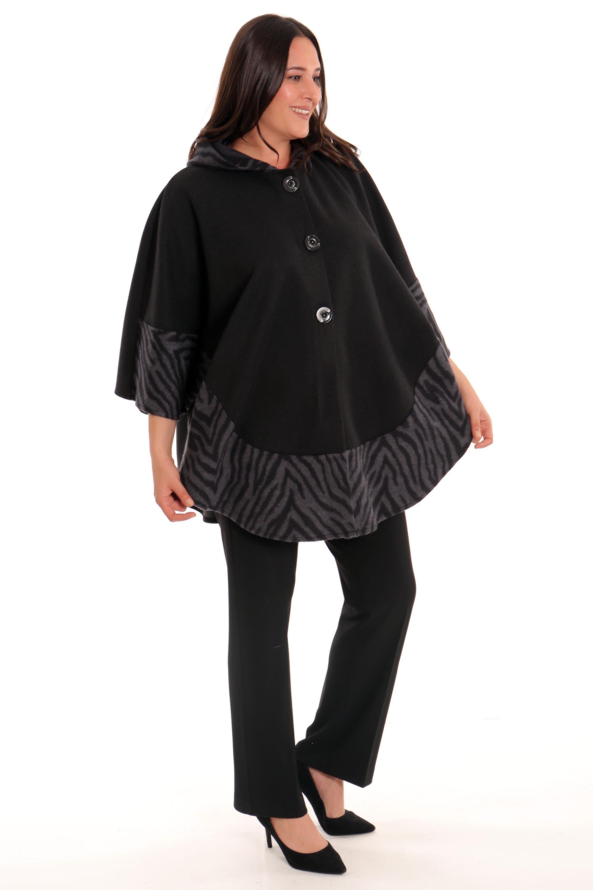 Trend42plus Büyük Beden Düğmeli Zebra Desenli Antrasit Panço