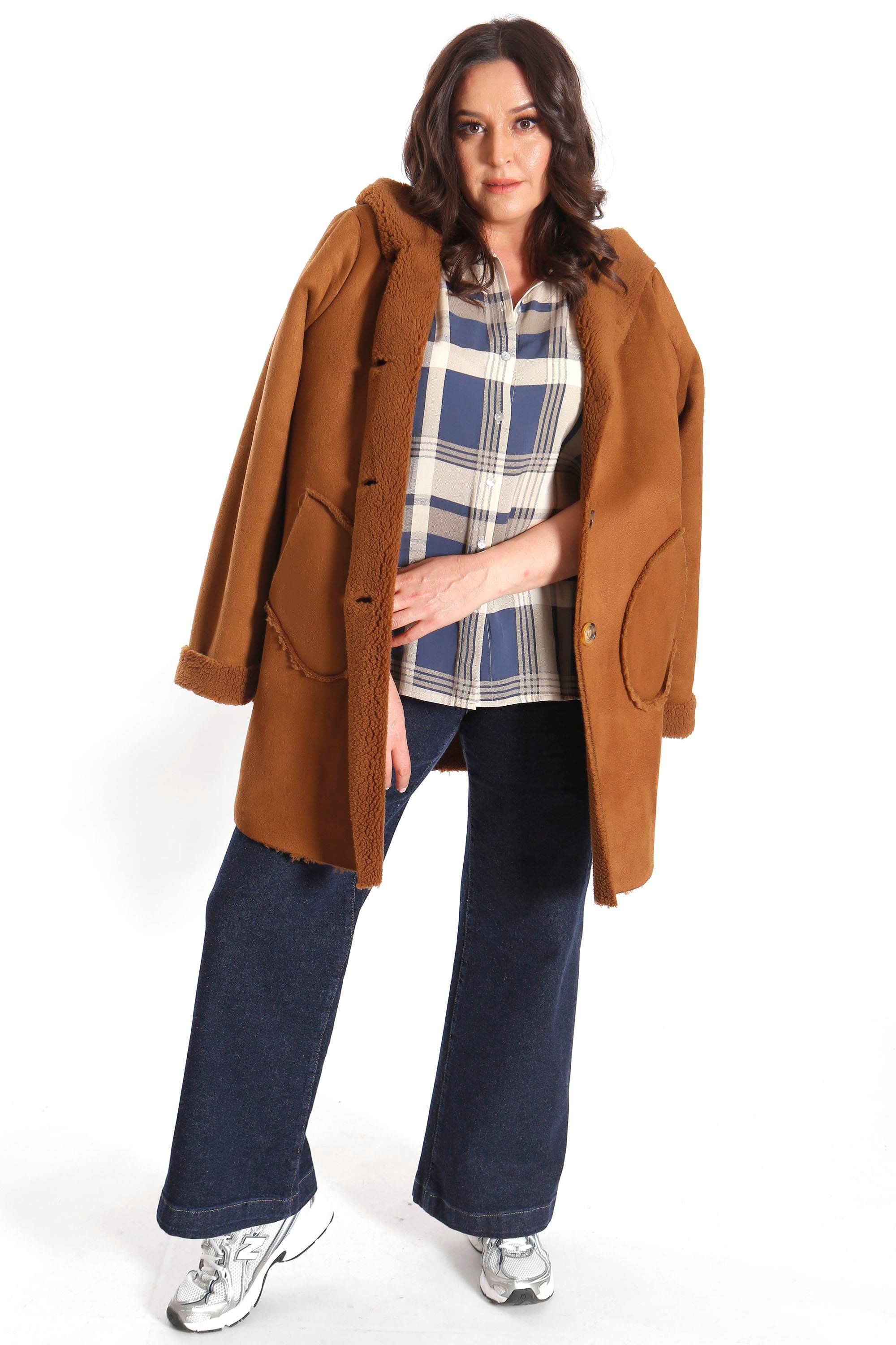 Trend42plus Büyük Beden Ekose Desenli İndigo Gömlek