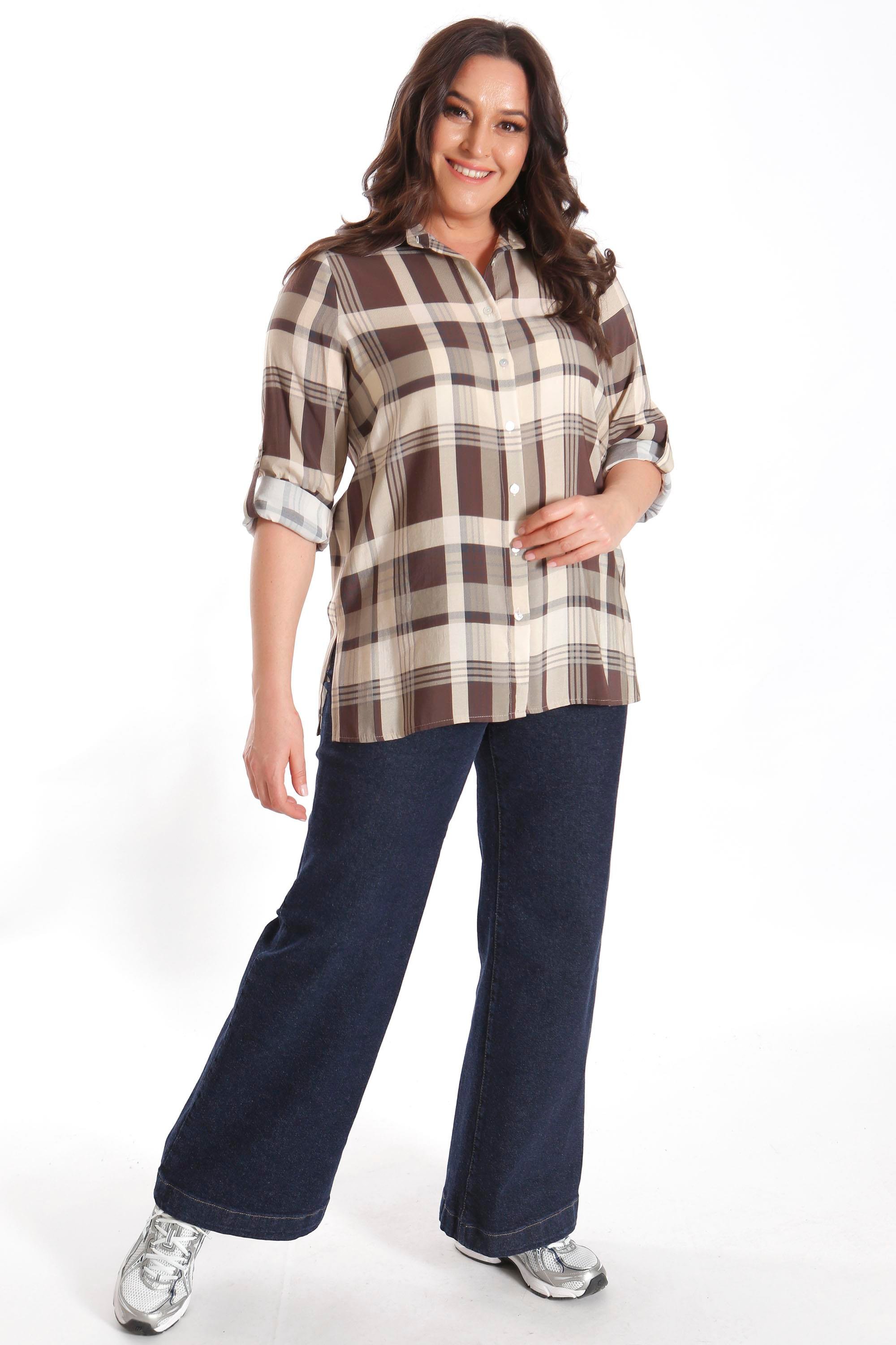Trend42plus Büyük Beden Ekose Desenli Kahverengi Gömlek