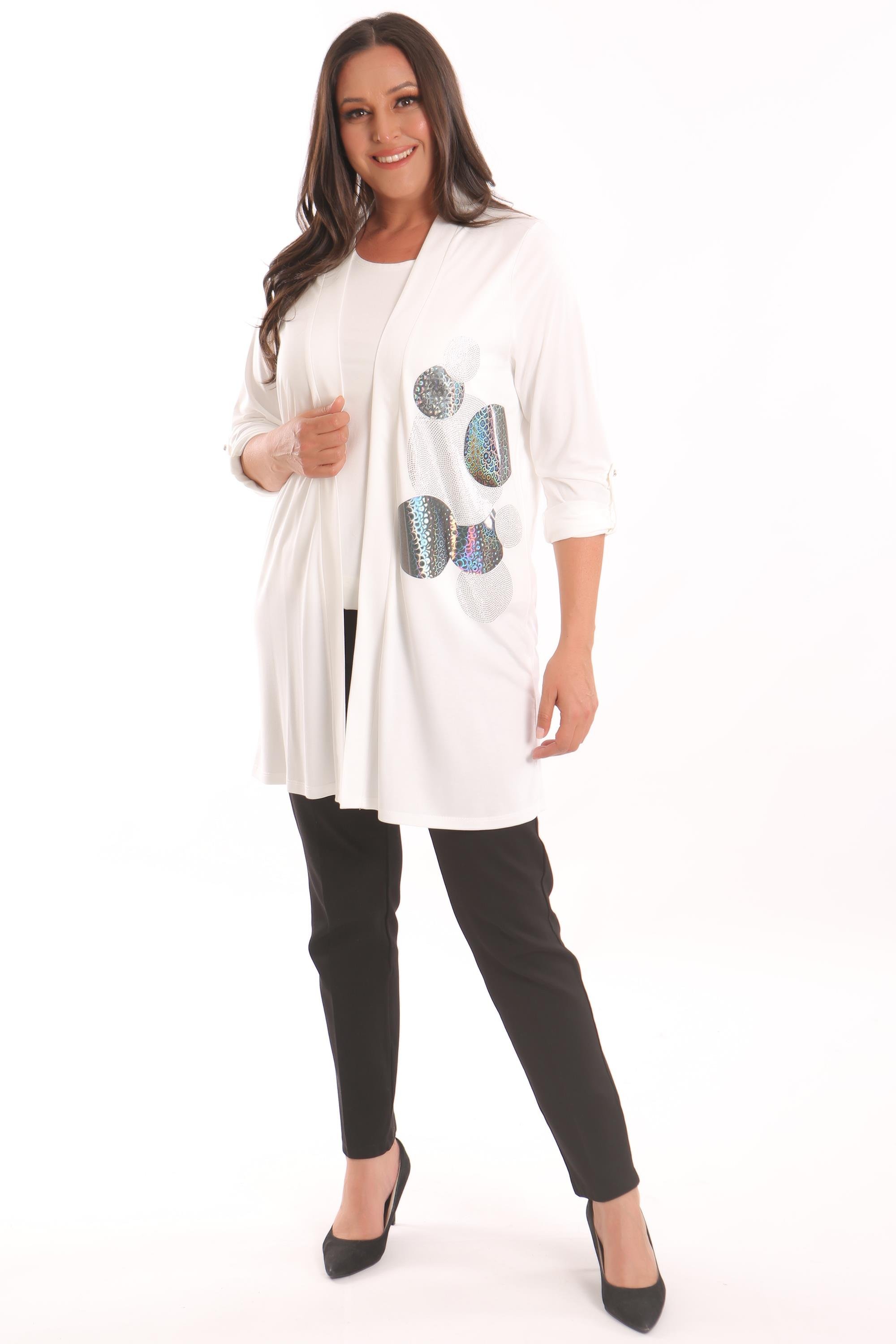 Trend42plus Büyük Beden Ekru Daire Desen Taş Baskılı Uzun Hırka