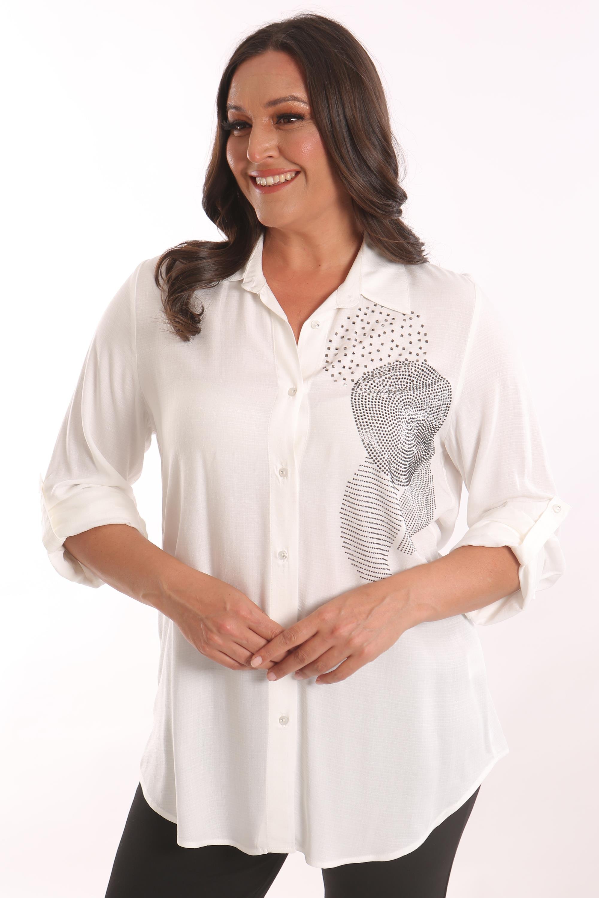 Trend42plus Büyük Beden Ekru Taş Baskılı Dokuma Gömlek