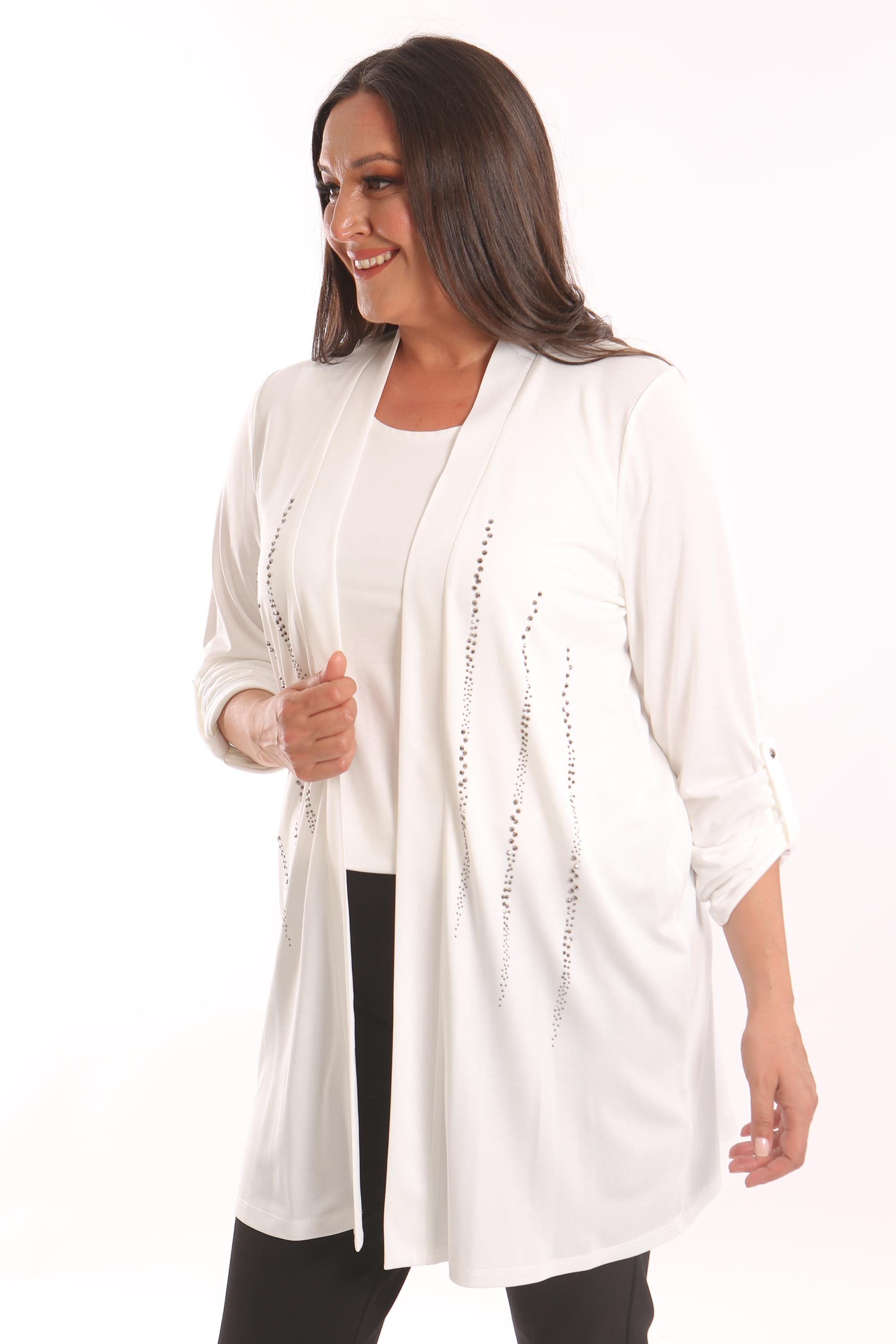 Trend42plus Büyük Beden Ekru Taş Baskılı Uzun Hırka