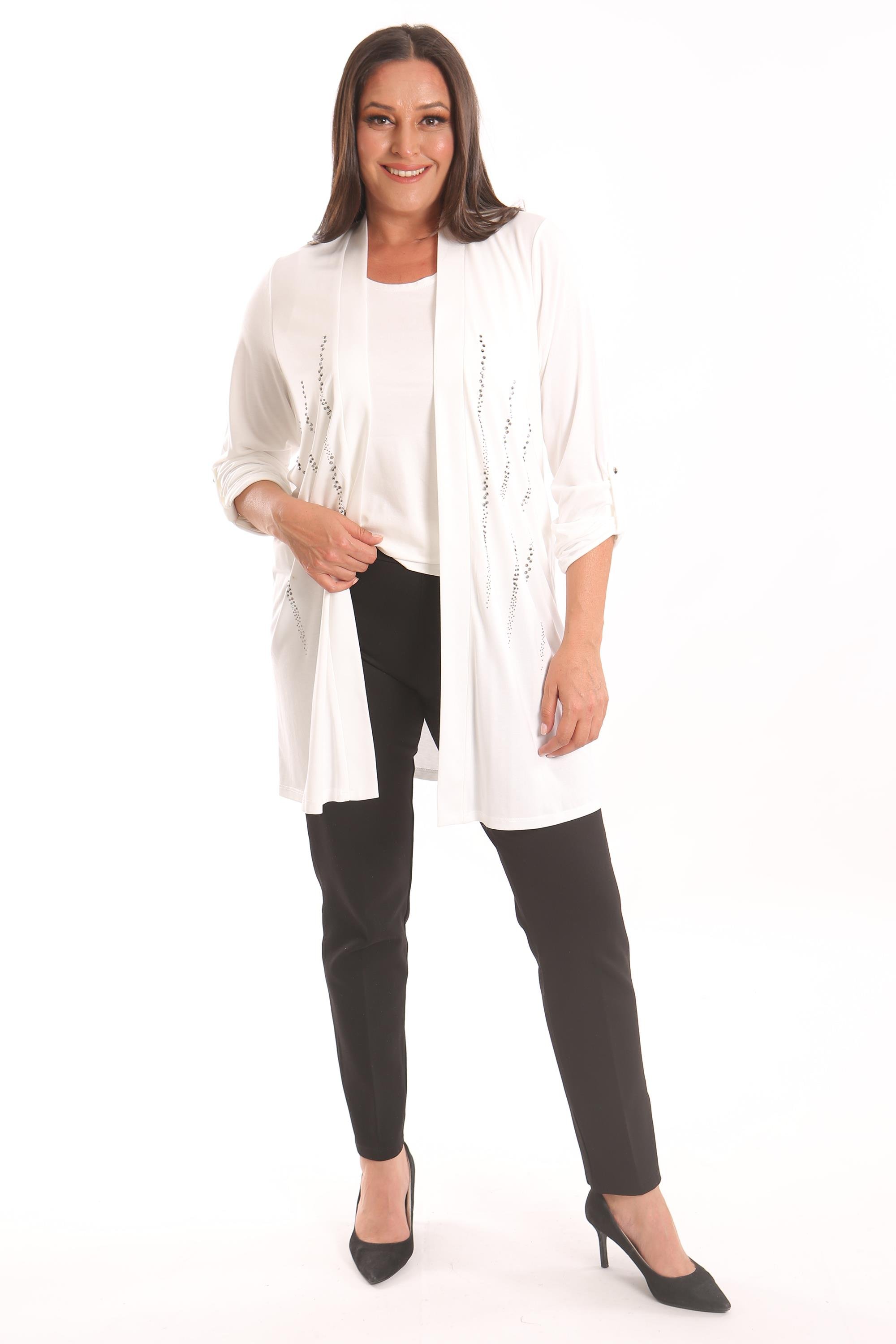 Trend42plus Büyük Beden Ekru Taş Baskılı Uzun Hırka