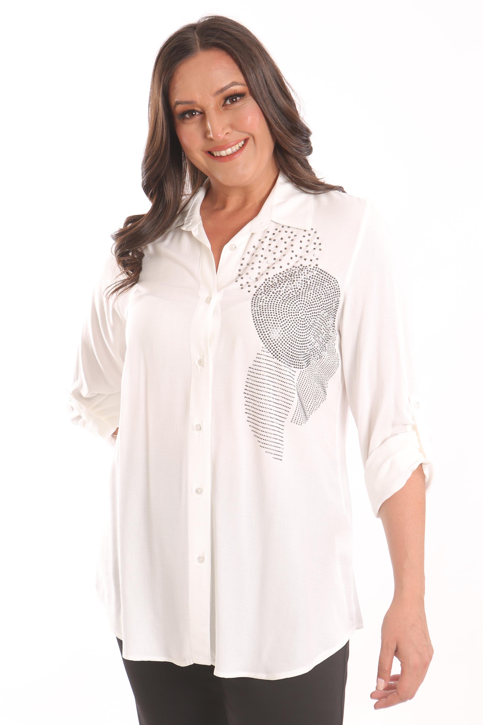 Trend42plus Büyük Beden Ekru Taş Baskılı Dokuma Gömlek