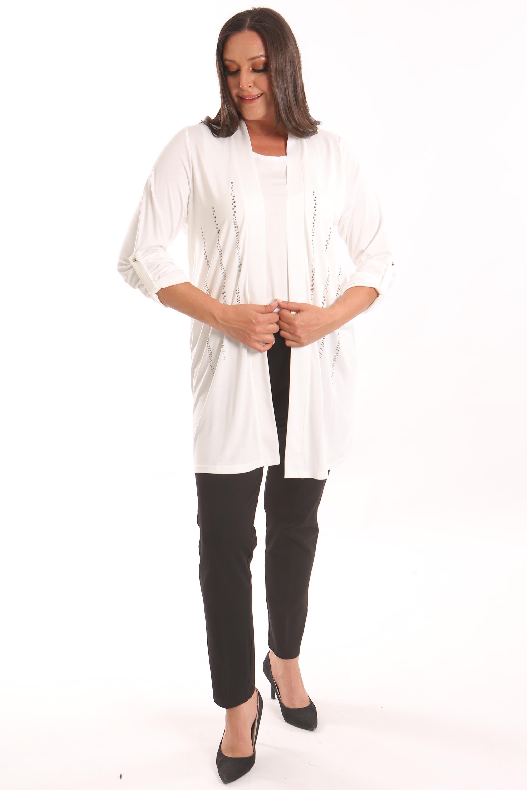 Trend42plus Büyük Beden Ekru Taş Baskılı Uzun Hırka