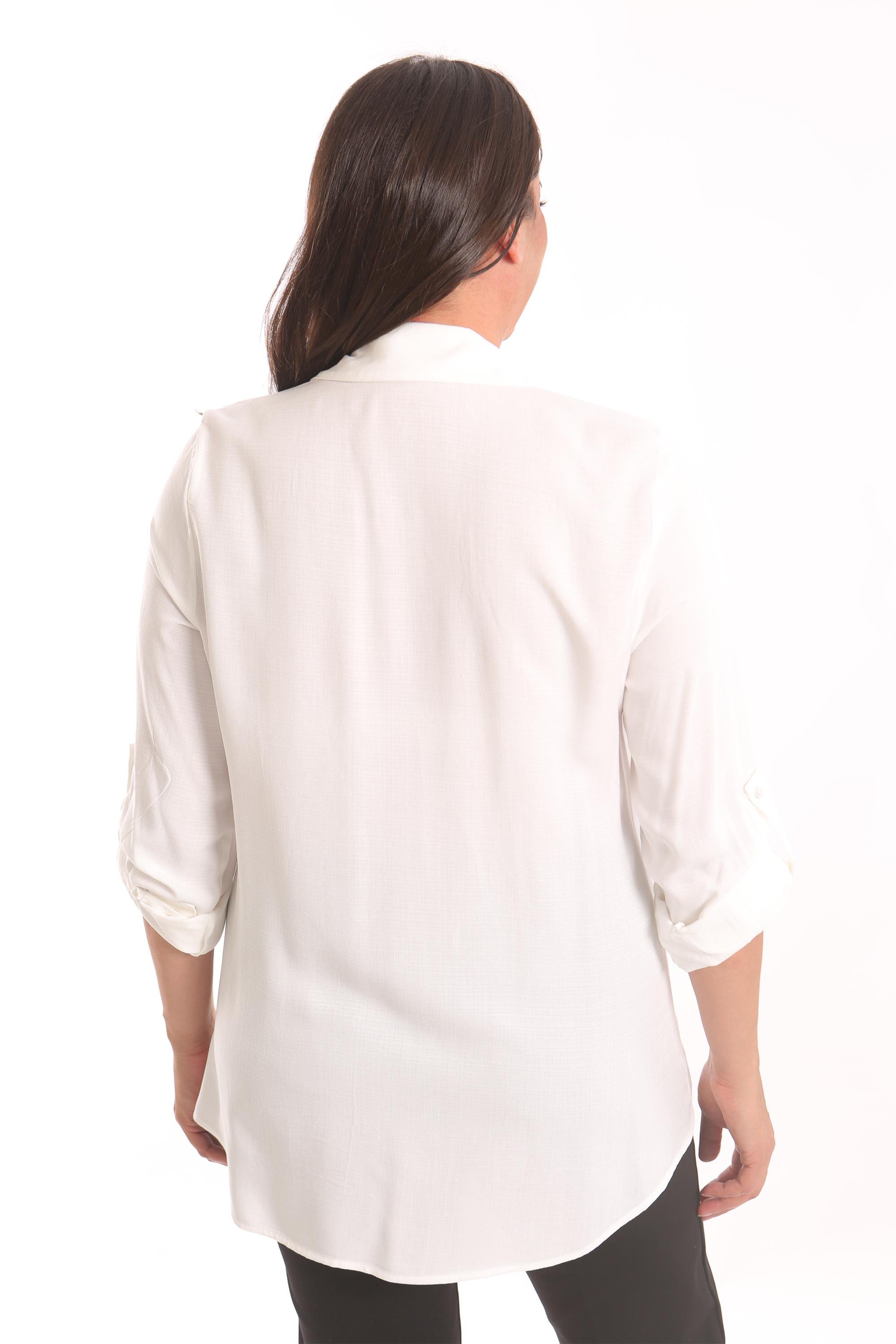 Trend42plus Büyük Beden Ekru Taş Baskılı Dokuma Gömlek