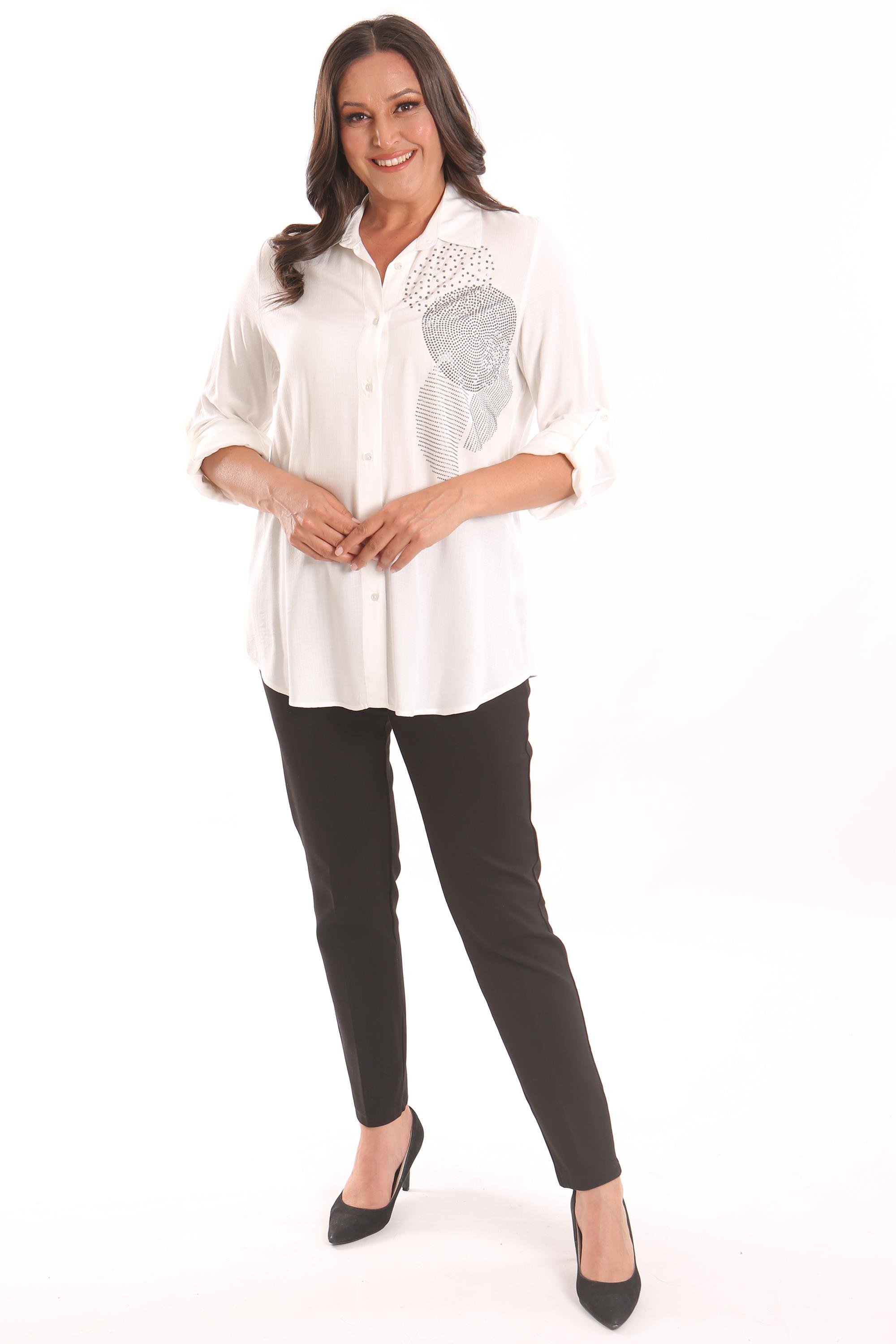 Trend42plus Büyük Beden Ekru Taş Baskılı Dokuma Gömlek