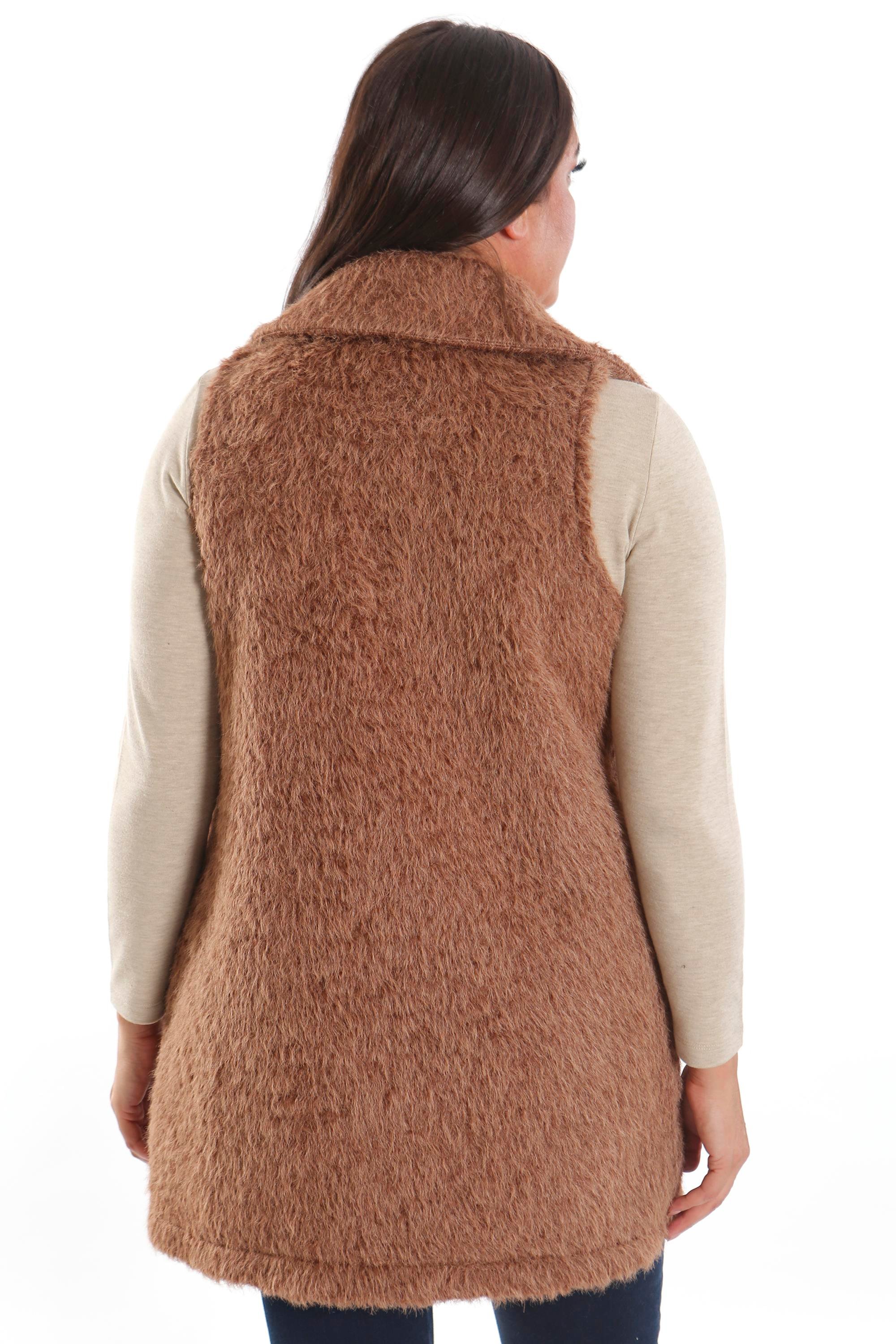 Trend42plus Büyük Beden Fermuar ve Cep Detaylı Kahverengi Kürk Yelek