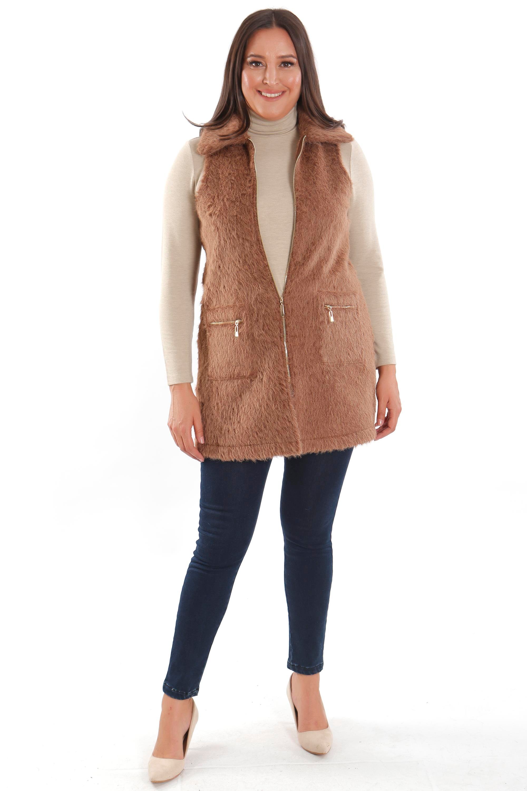 Trend42plus Büyük Beden Fermuar ve Cep Detaylı Kahverengi Kürk Yelek