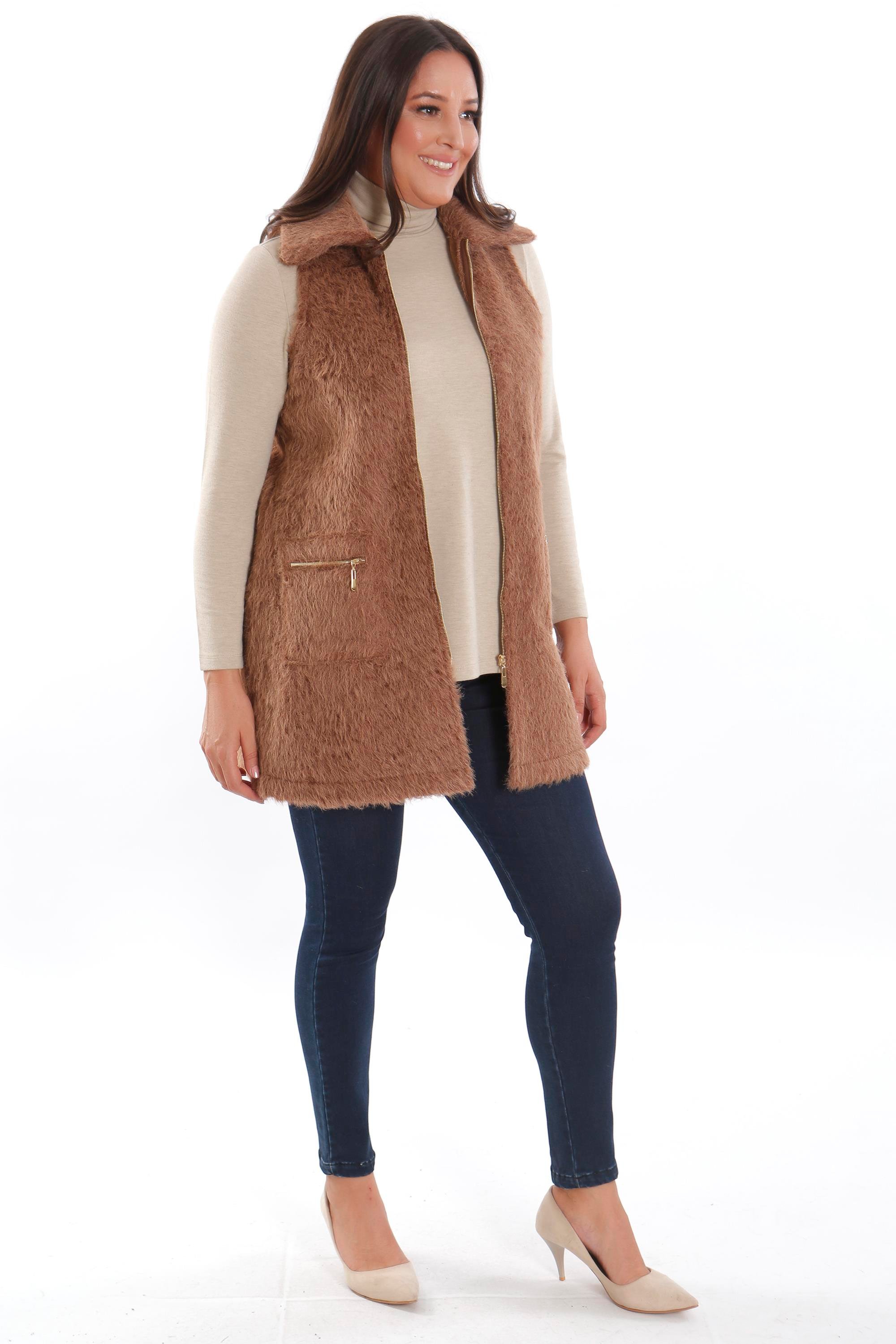 Trend42plus Büyük Beden Fermuar ve Cep Detaylı Kahverengi Kürk Yelek