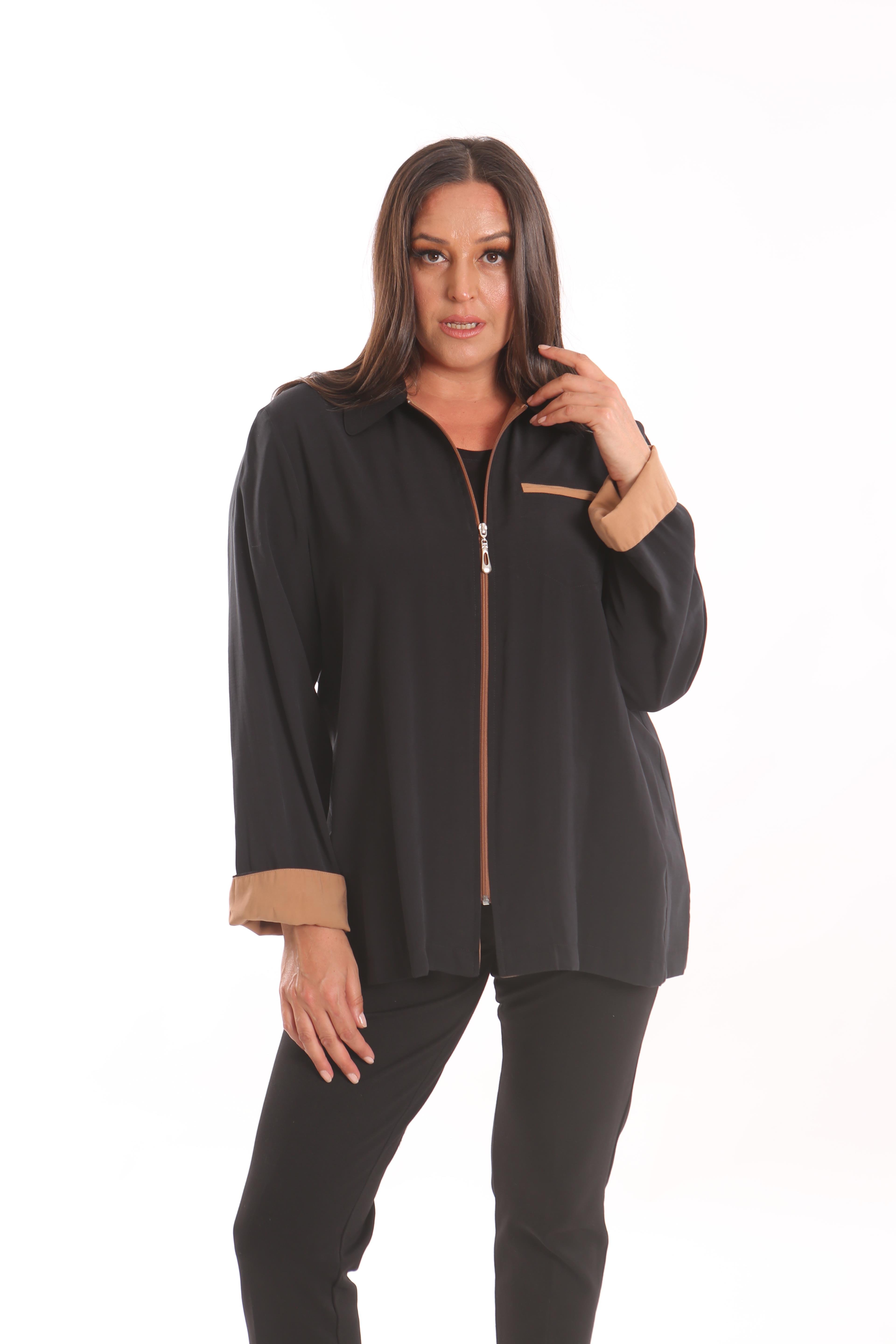 Trend42plus Büyük Beden Fermuarlı Büyük Beden Siyah Trençkot 