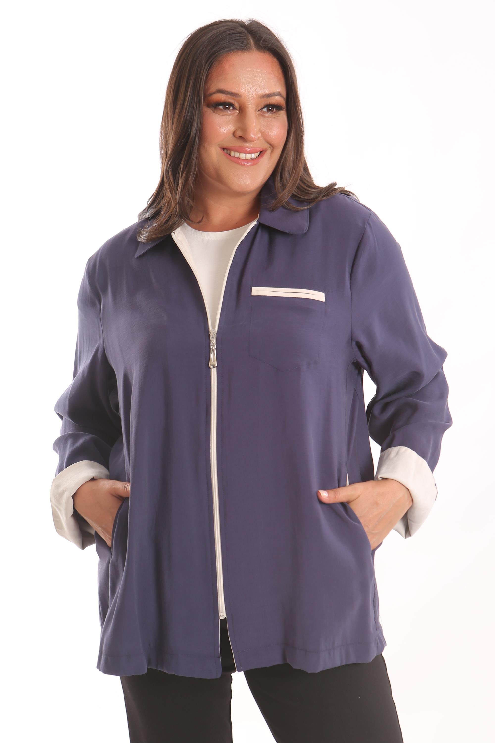 Trend42plus Büyük Beden Fermuarlı Büyük Beden İndigo Trençkot 