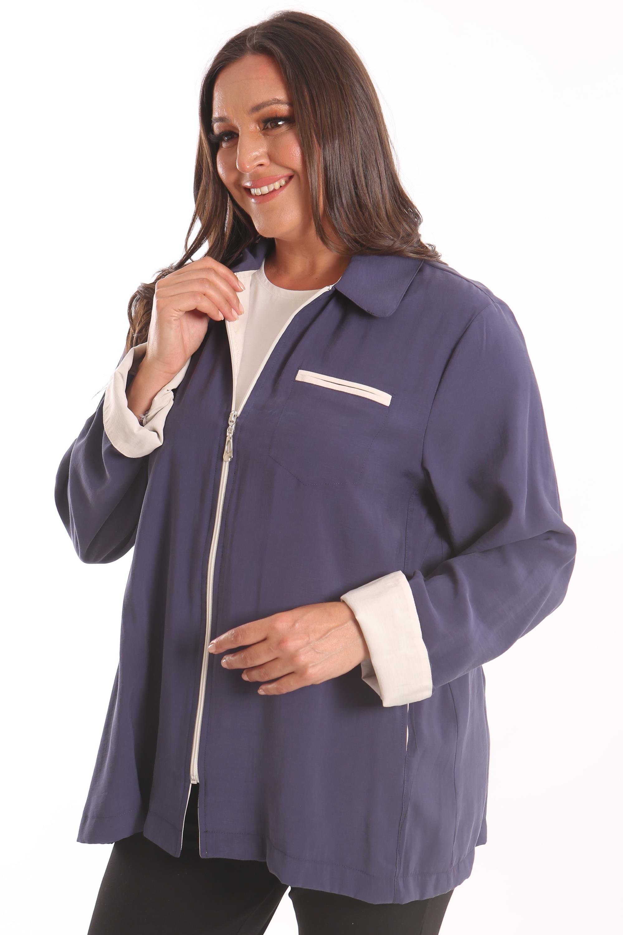 Trend42plus Büyük Beden Fermuarlı Büyük Beden İndigo Trençkot 