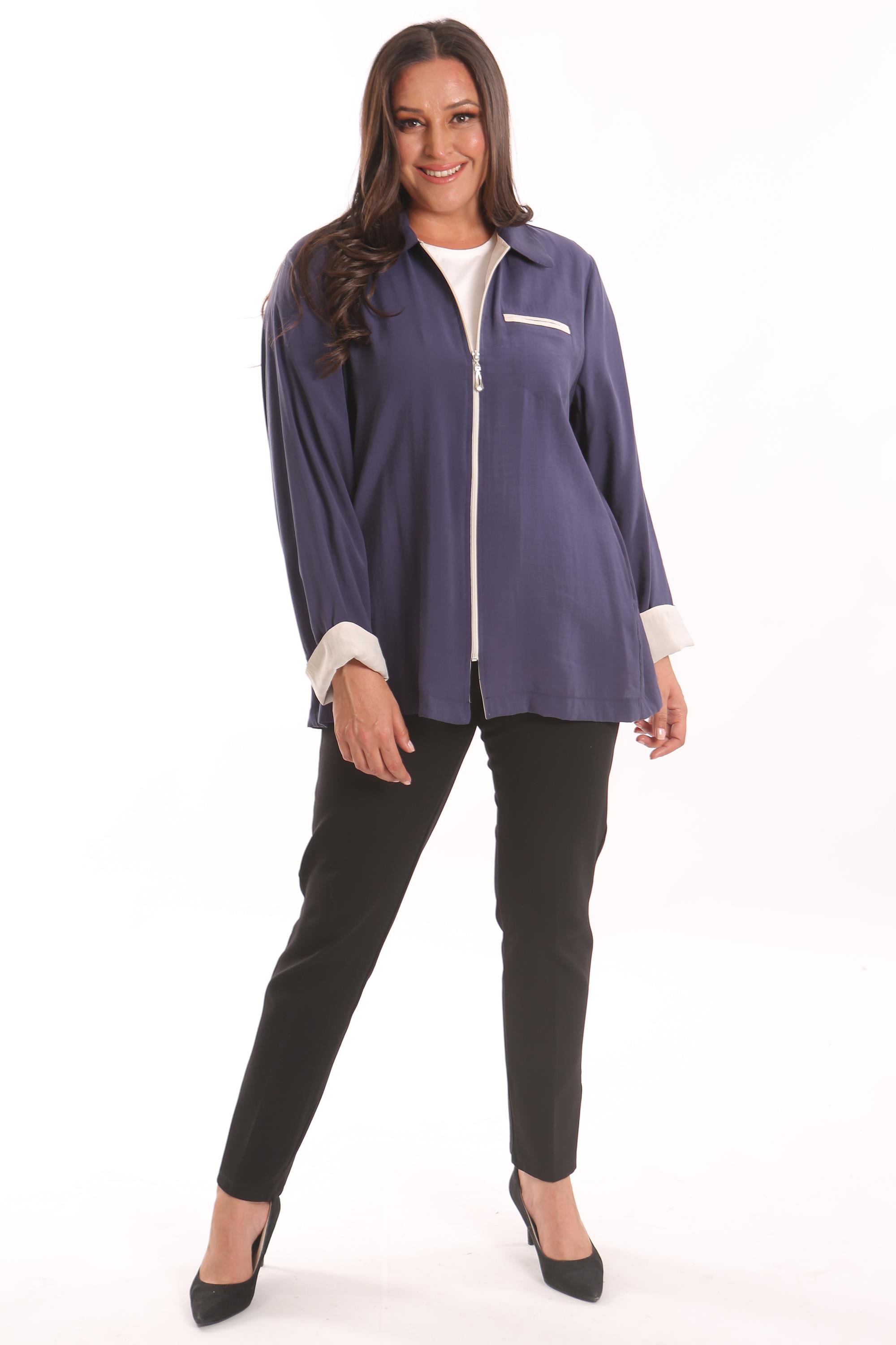 Trend42plus Büyük Beden Fermuarlı Büyük Beden İndigo Trençkot 