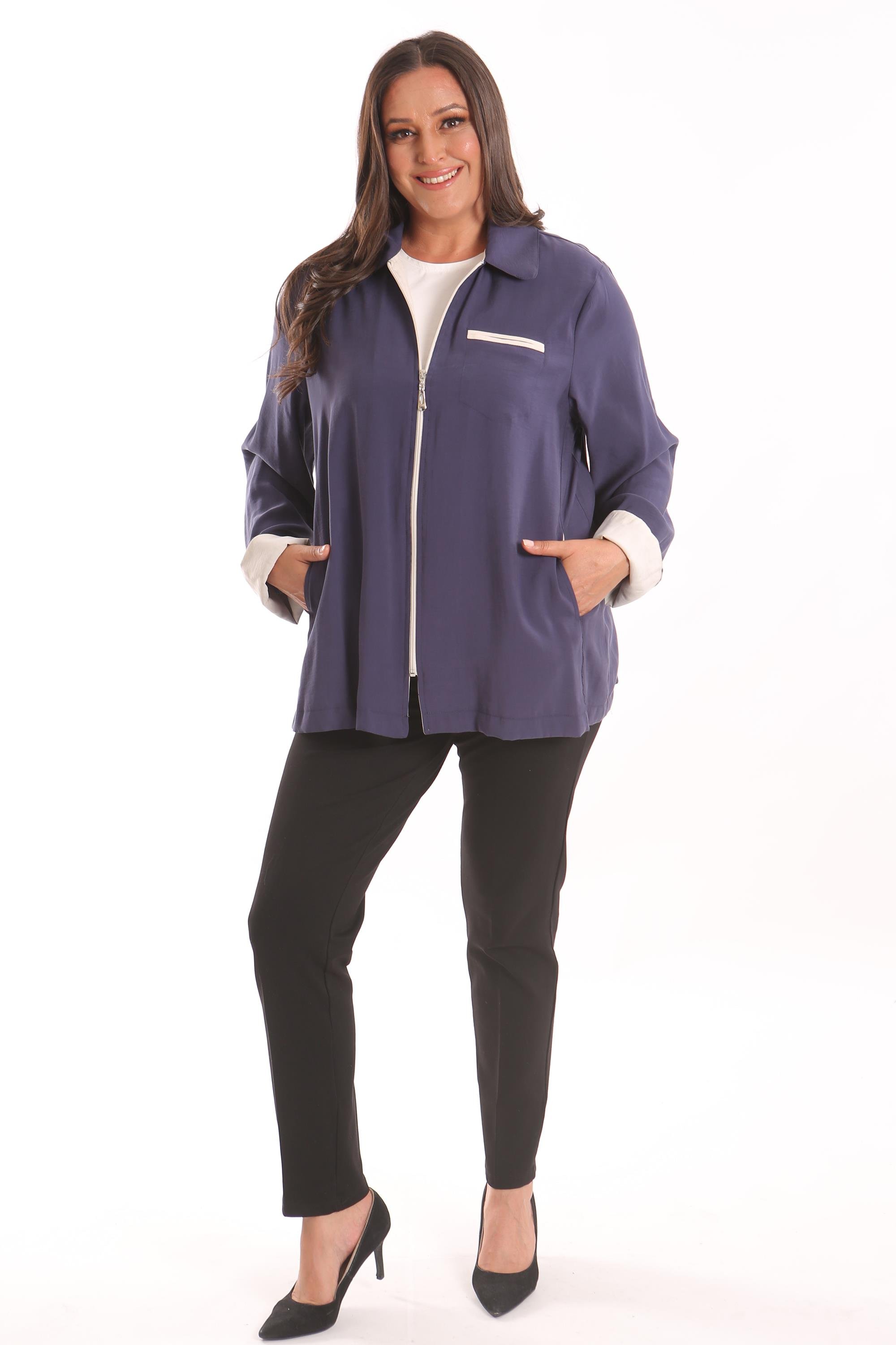 Trend42plus Büyük Beden Fermuarlı Büyük Beden İndigo Trençkot 