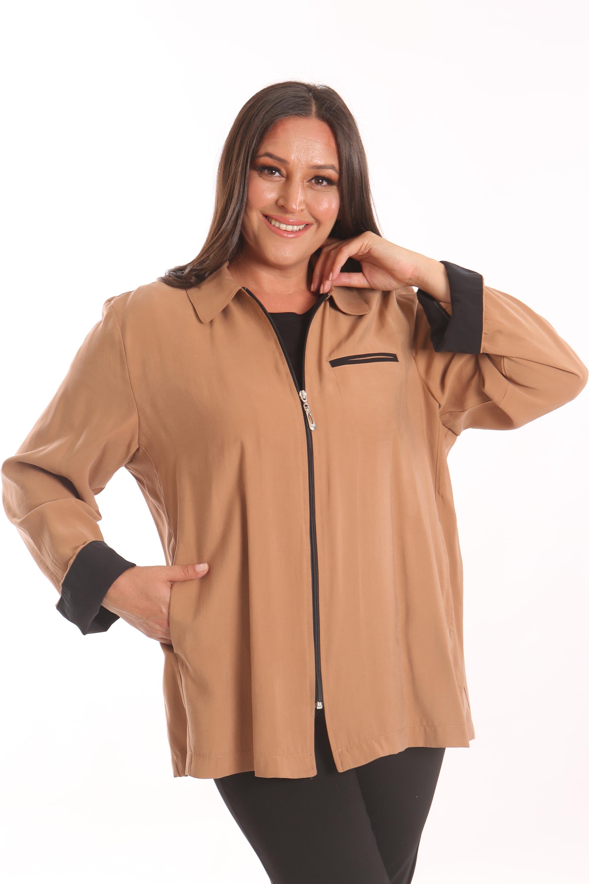 Trend42plus Büyük Beden Fermuarlı Büyük Beden Camel Trençkot 