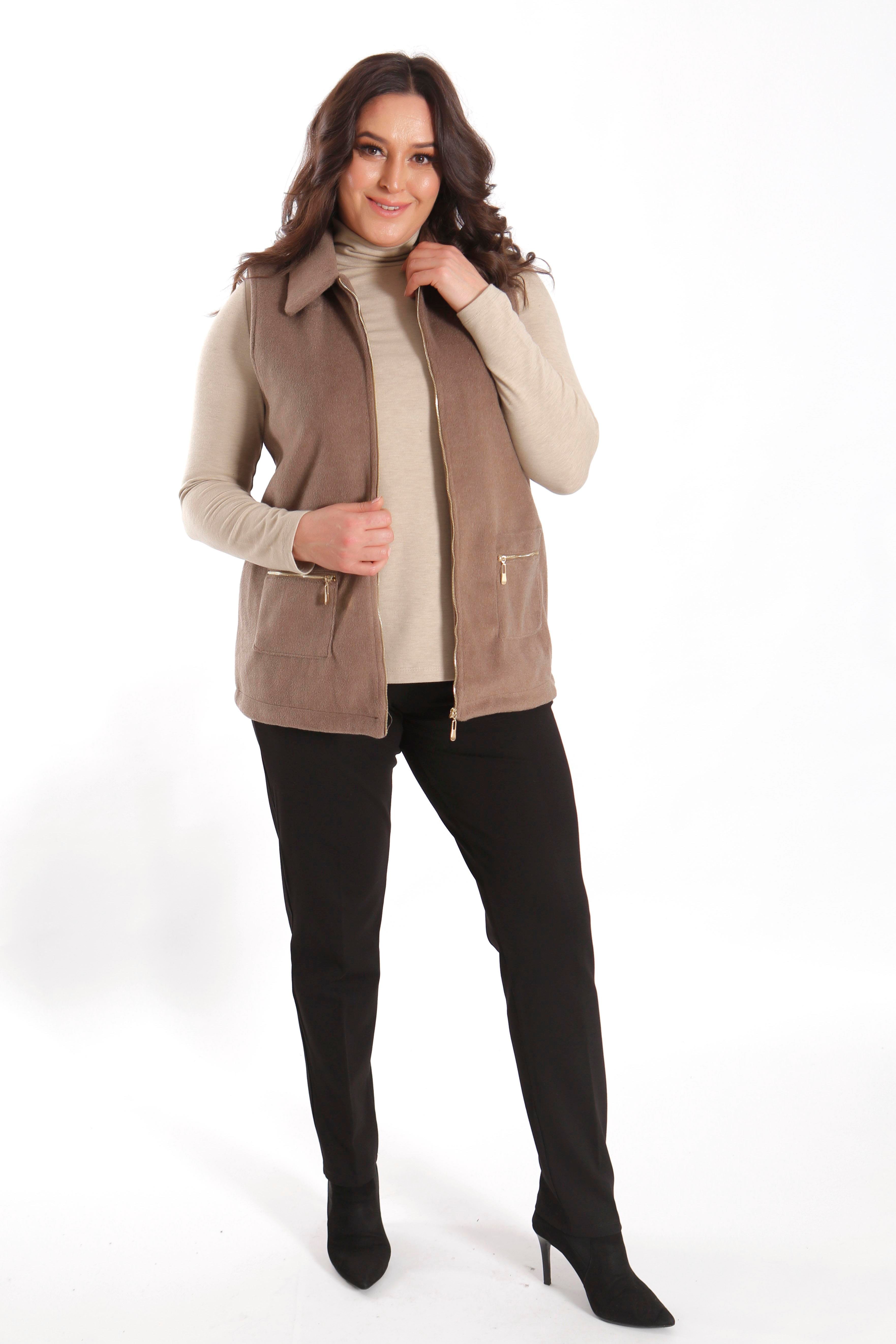 Trend42plus Büyük Beden Fermuarlı Cep Detaylı Kaşe Vizon Yelek