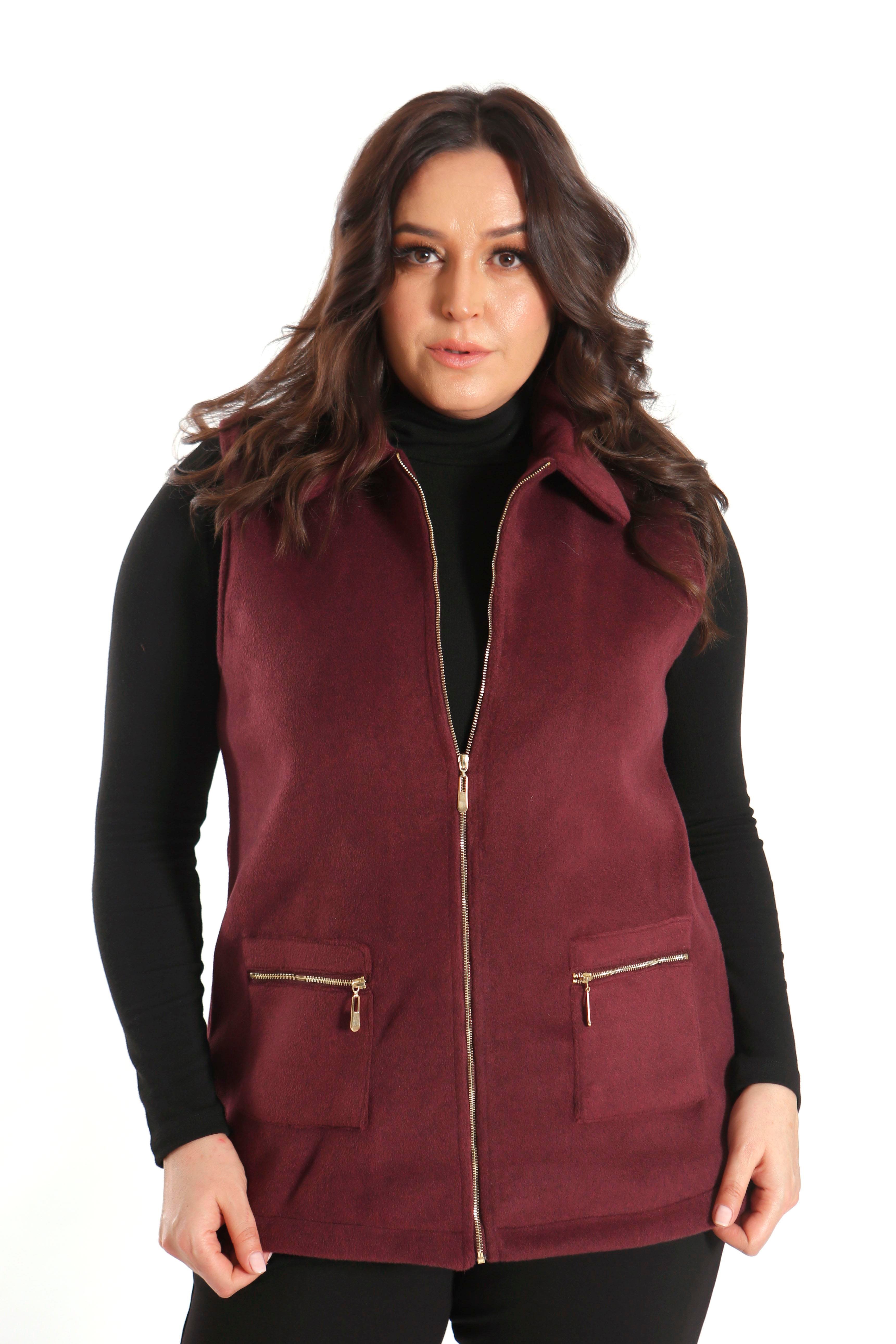 Trend42plus Büyük Beden Fermuarlı Cep Detaylı Kaşe Bordo Yelek