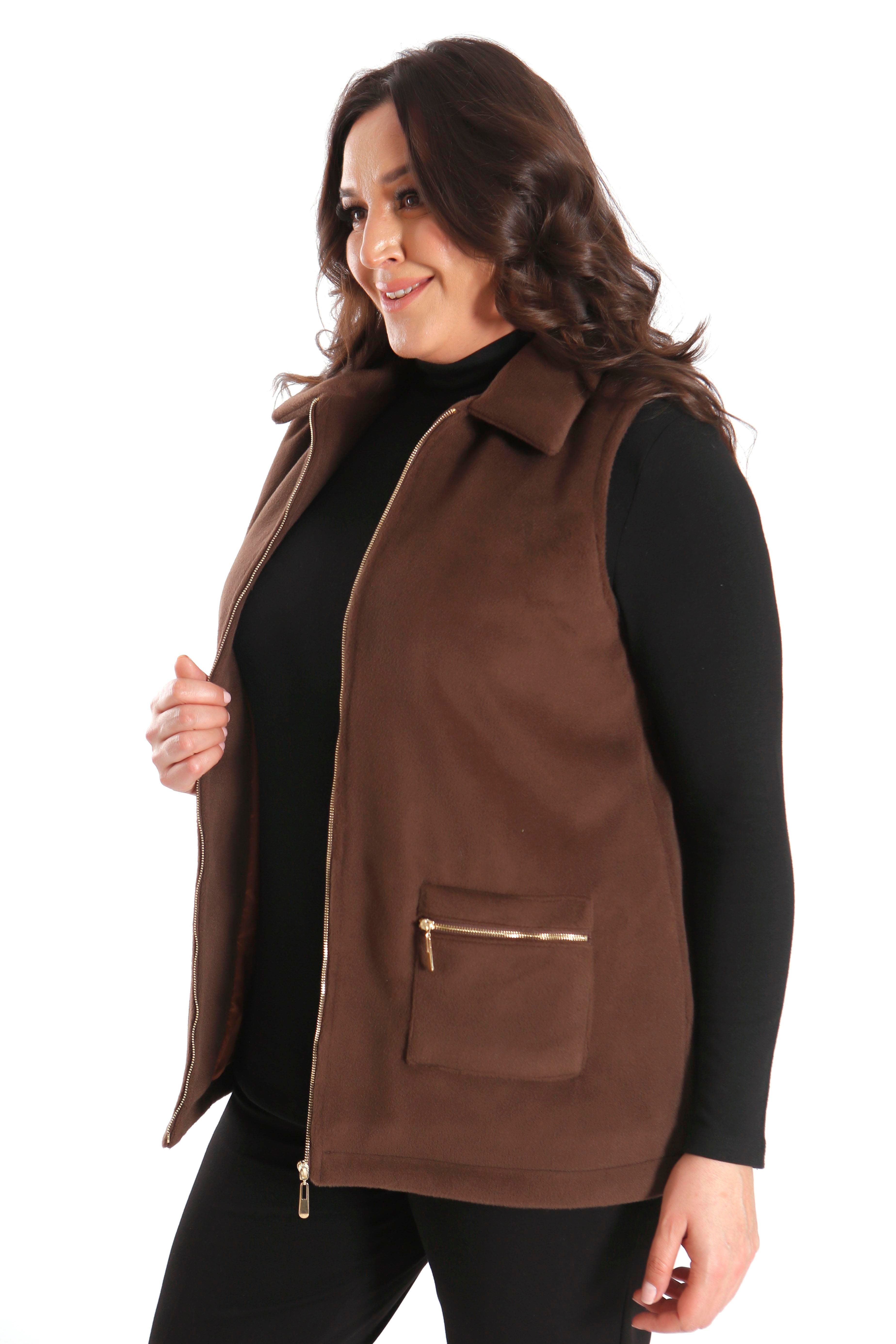 Trend42plus Büyük Beden Fermuarlı Cep Detaylı Kaşe Kahverengi Yelek