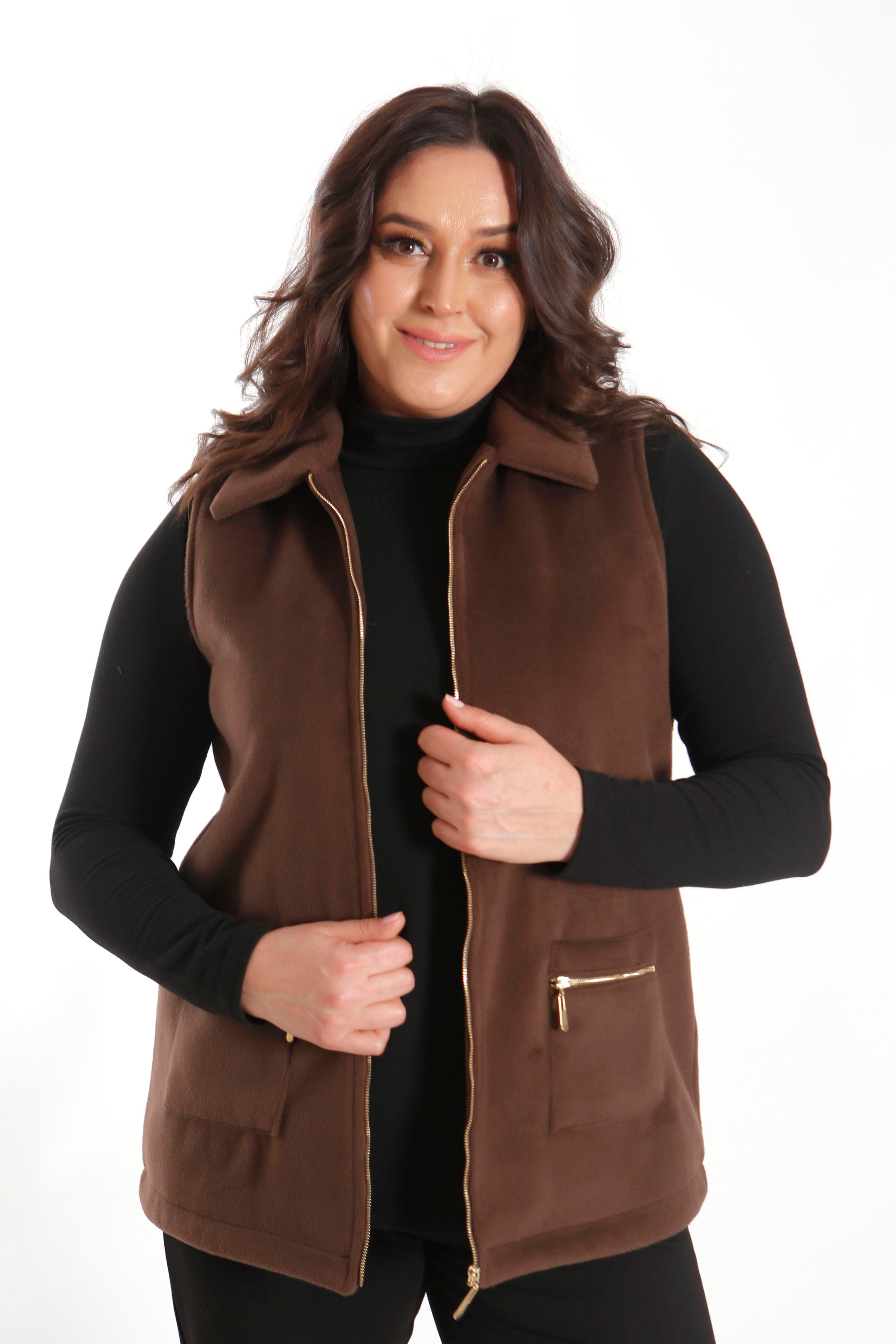 Trend42plus Büyük Beden Fermuarlı Cep Detaylı Kaşe Kahverengi Yelek