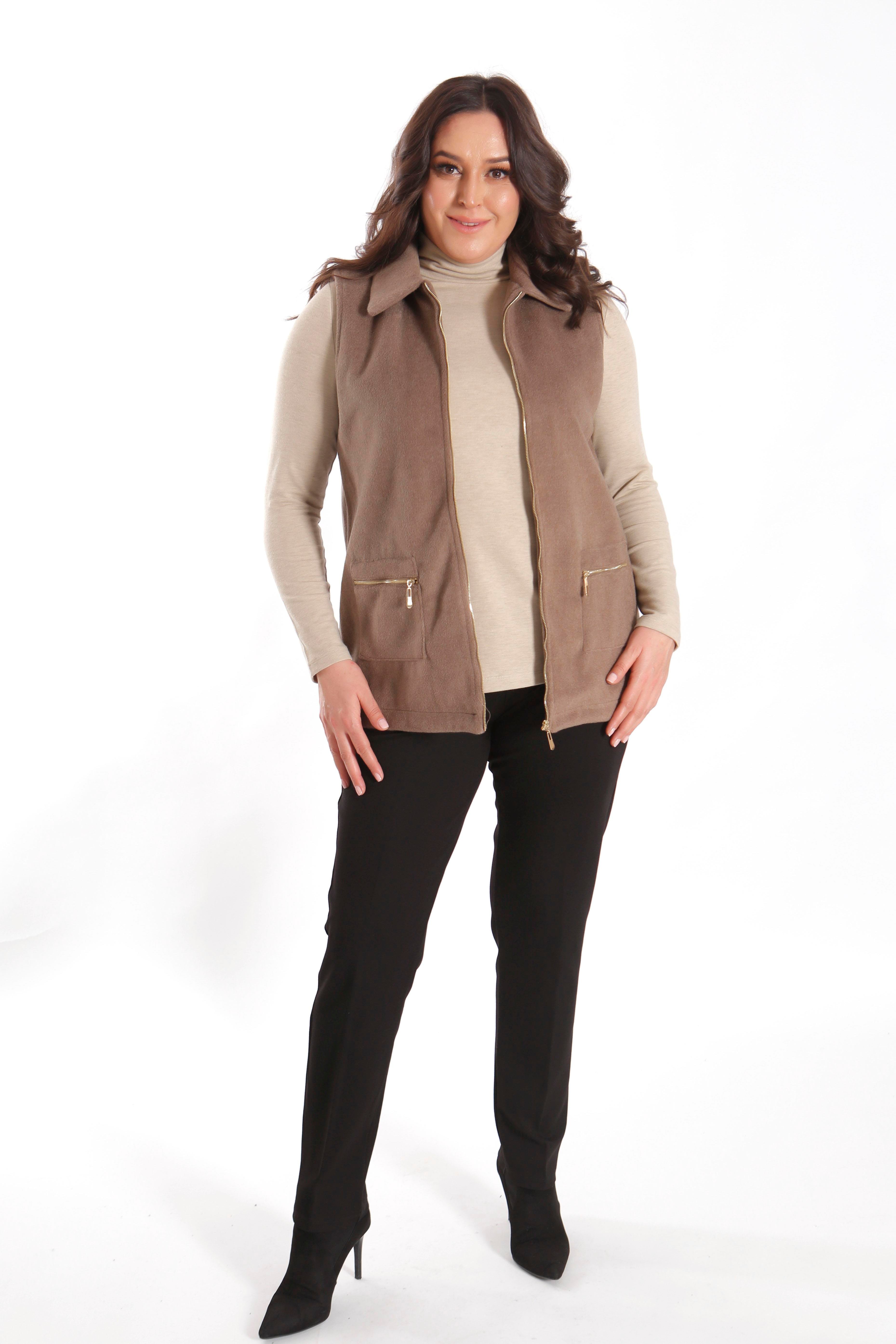 Trend42plus Büyük Beden Fermuarlı Cep Detaylı Kaşe Vizon Yelek