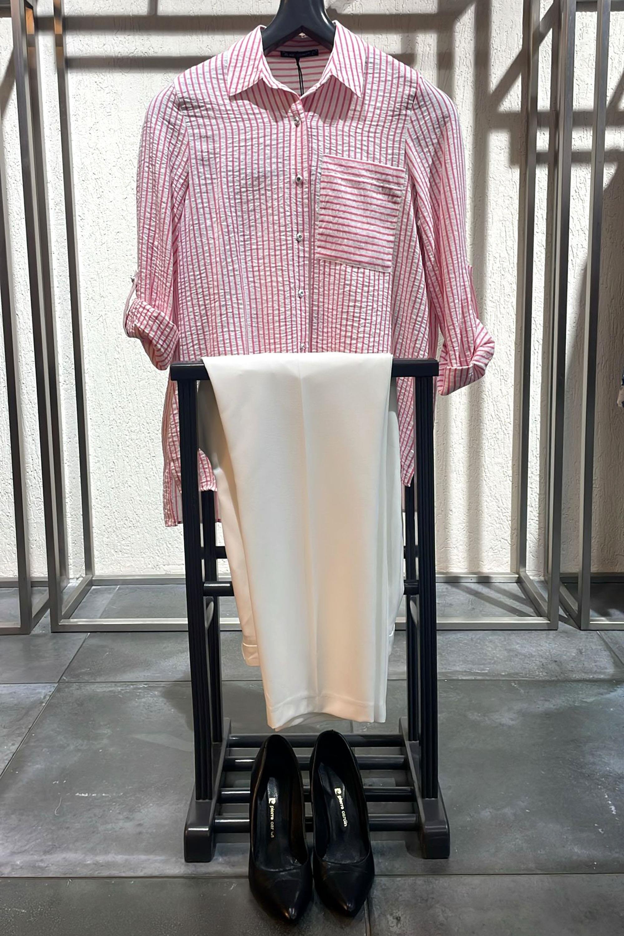 Trend42plus Büyük Beden Fuşya Çizgili Tek Cepli Gömlek