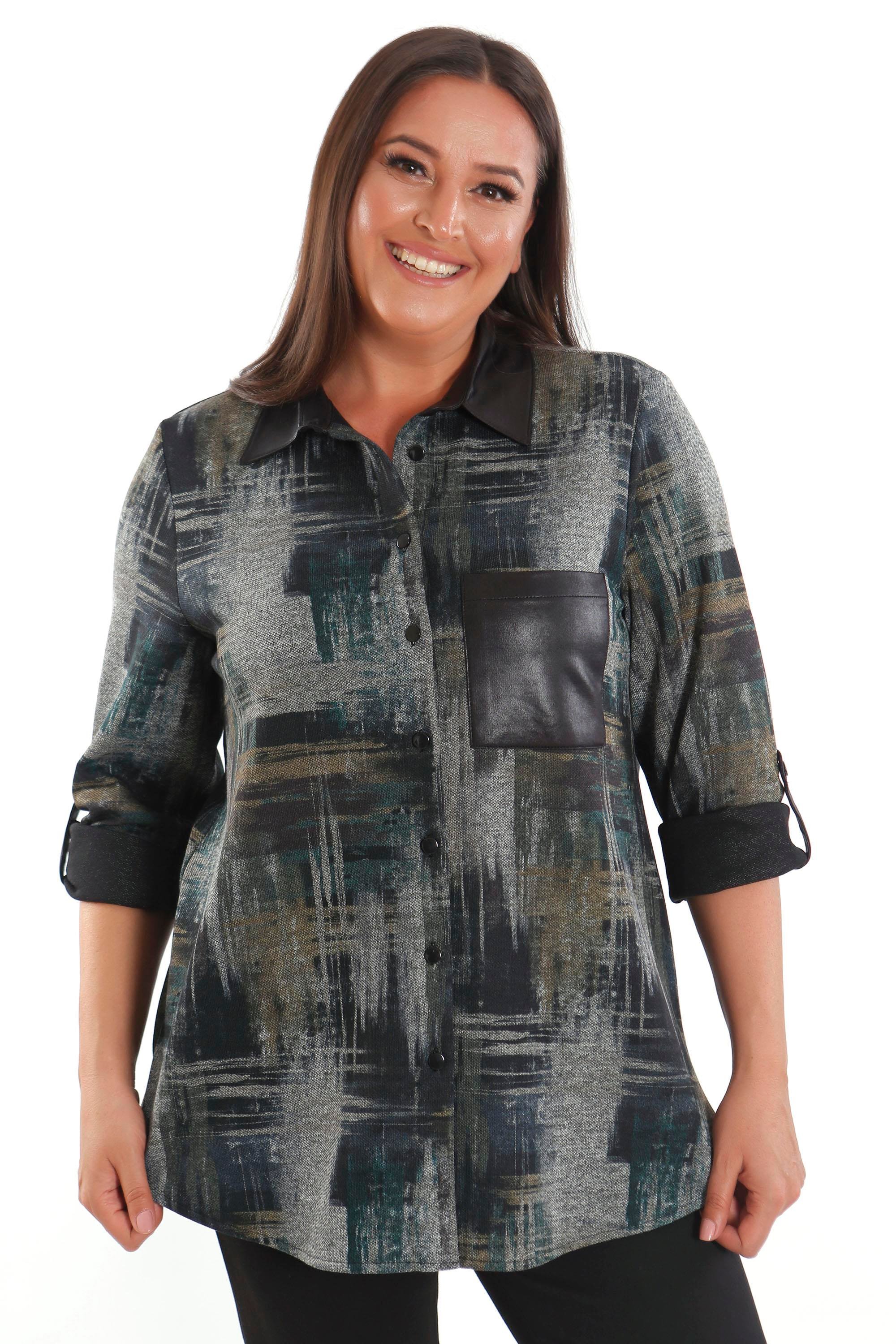 Trend42plus Büyük Beden Geçiş Desenli Deri Cep Detaylı Haki Gömlek