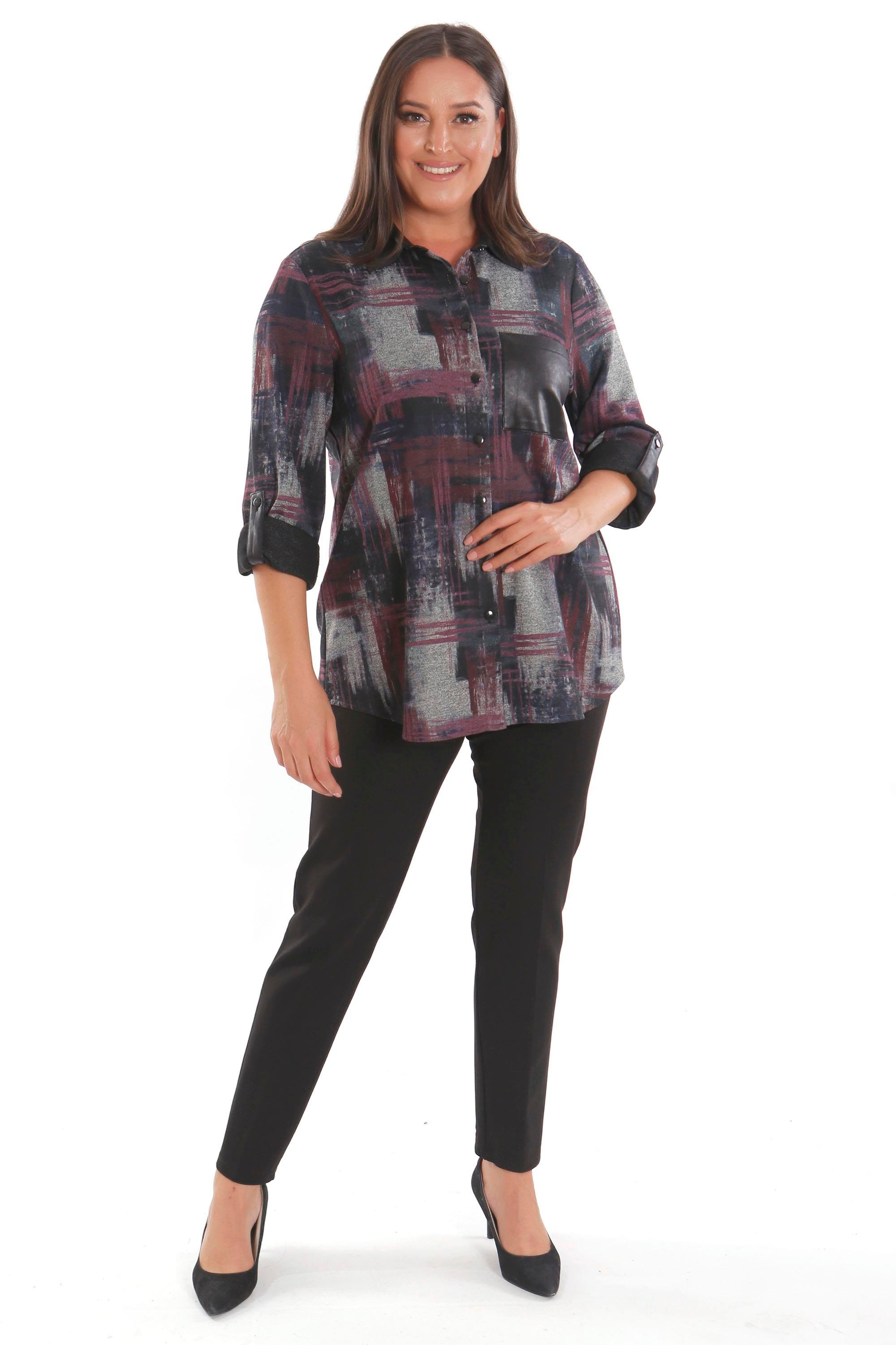 Trend42plus Büyük Beden Geçiş Desenli Deri Cep Detaylı Bordo Gömlek