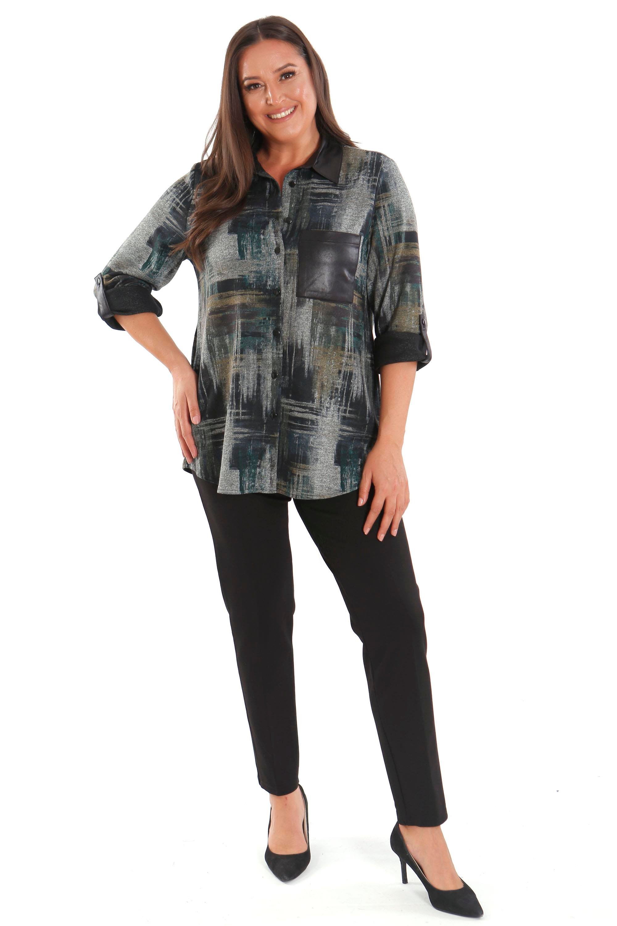 Trend42plus Büyük Beden Geçiş Desenli Deri Cep Detaylı Haki Gömlek