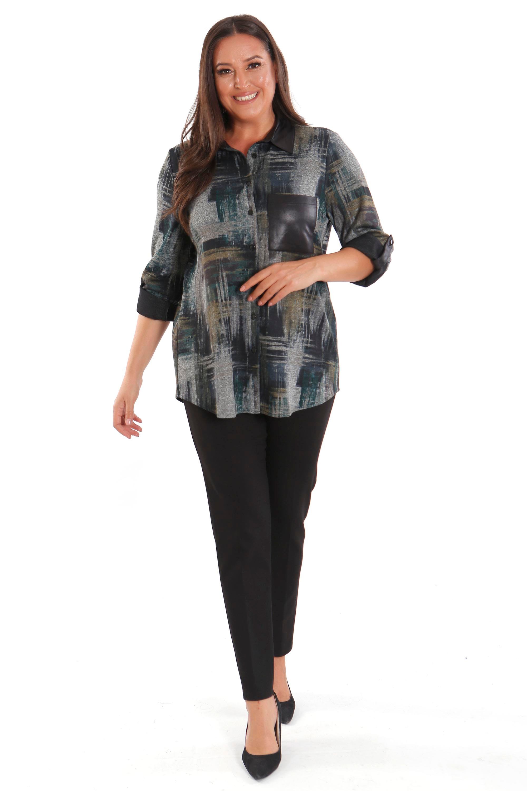 Trend42plus Büyük Beden Geçiş Desenli Deri Cep Detaylı Haki Gömlek