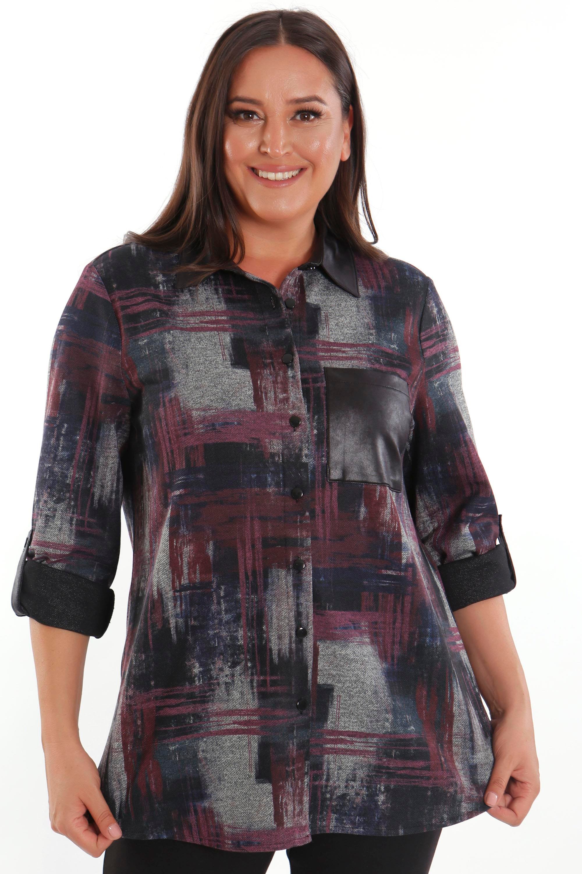 Trend42plus Büyük Beden Geçiş Desenli Deri Cep Detaylı Bordo Gömlek