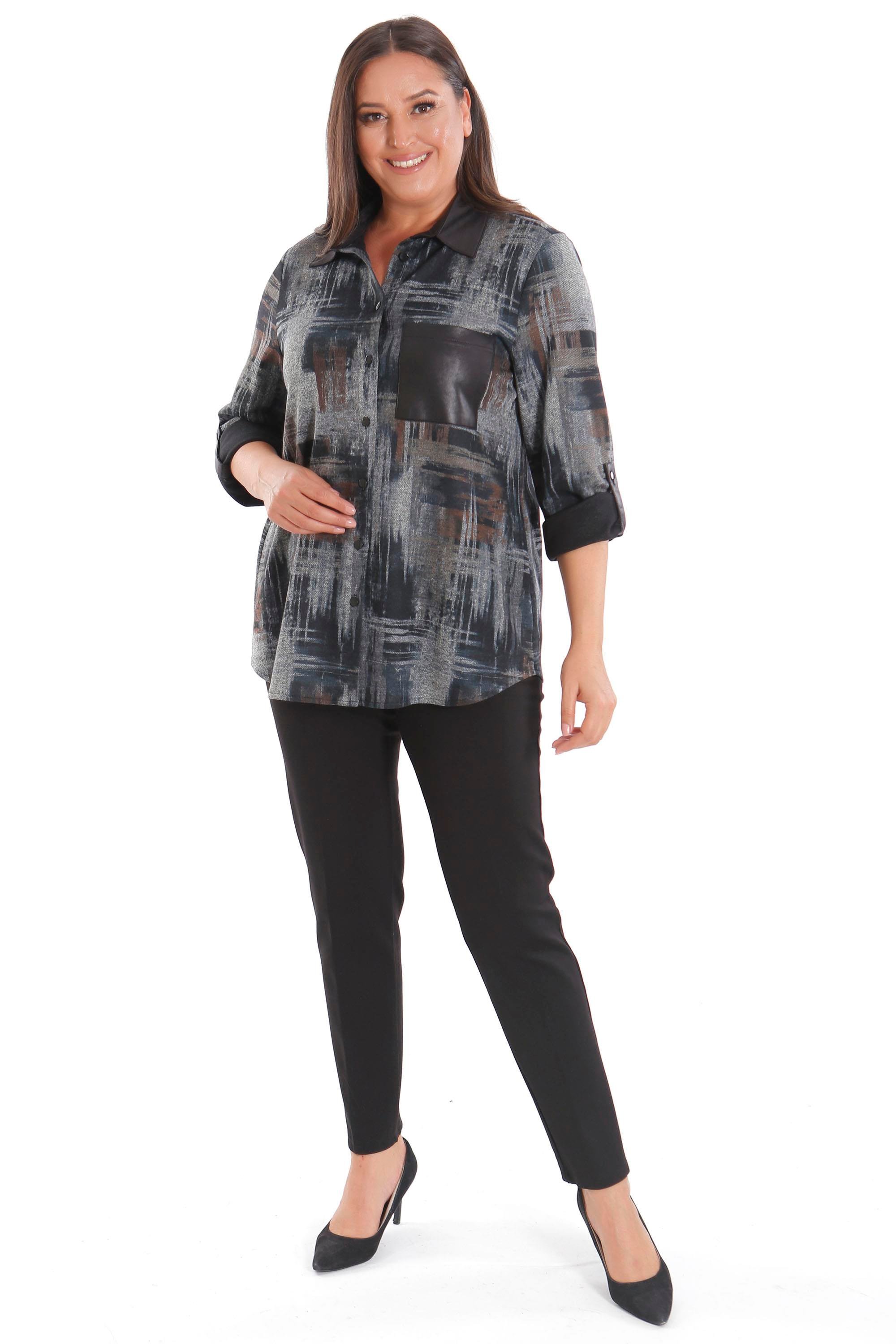 Trend42plus Büyük Beden Geçiş Desenli Deri Cep Detaylı Kahverengi Gömlek