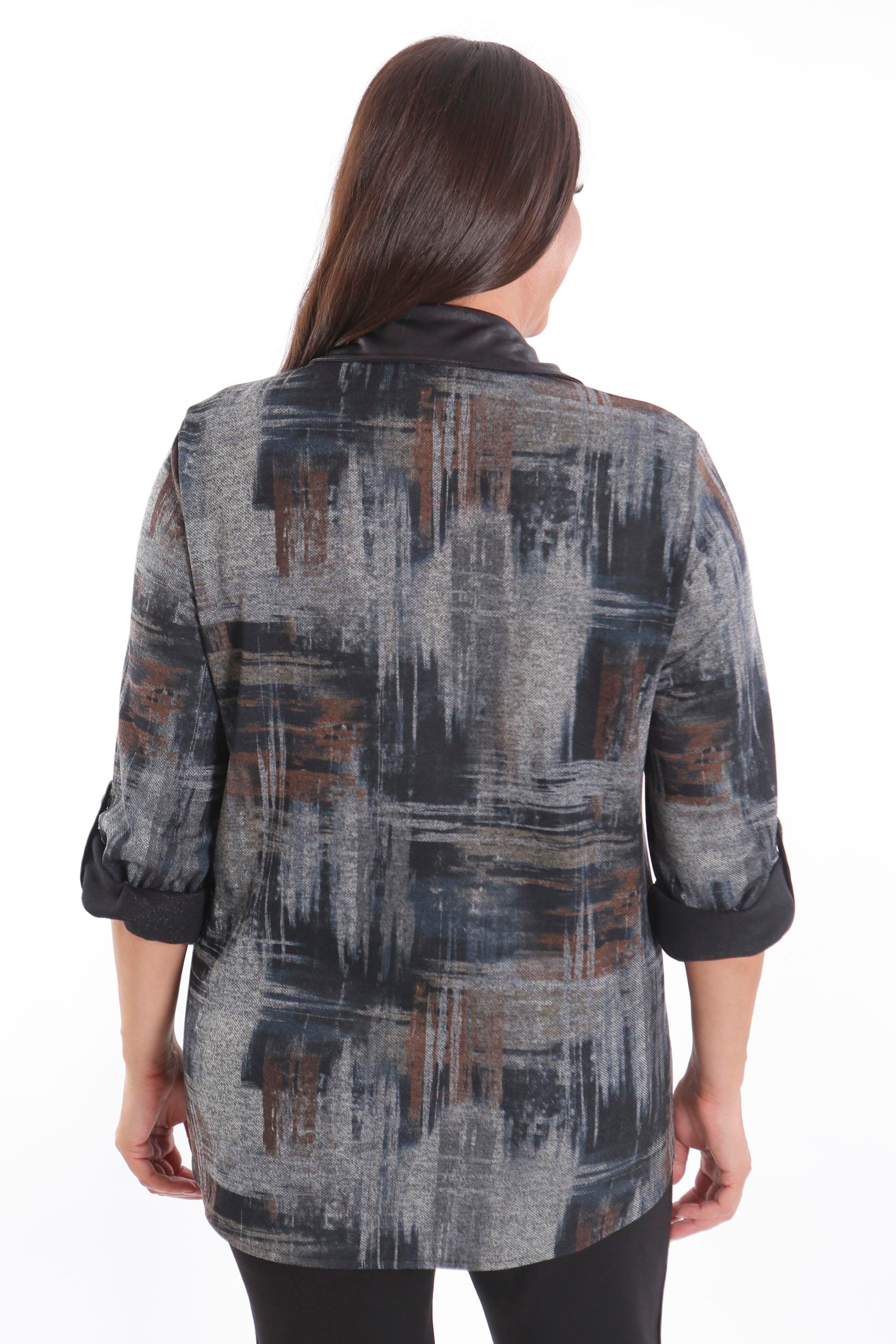 Trend42plus Büyük Beden Geçiş Desenli Deri Cep Detaylı Kahverengi Gömlek