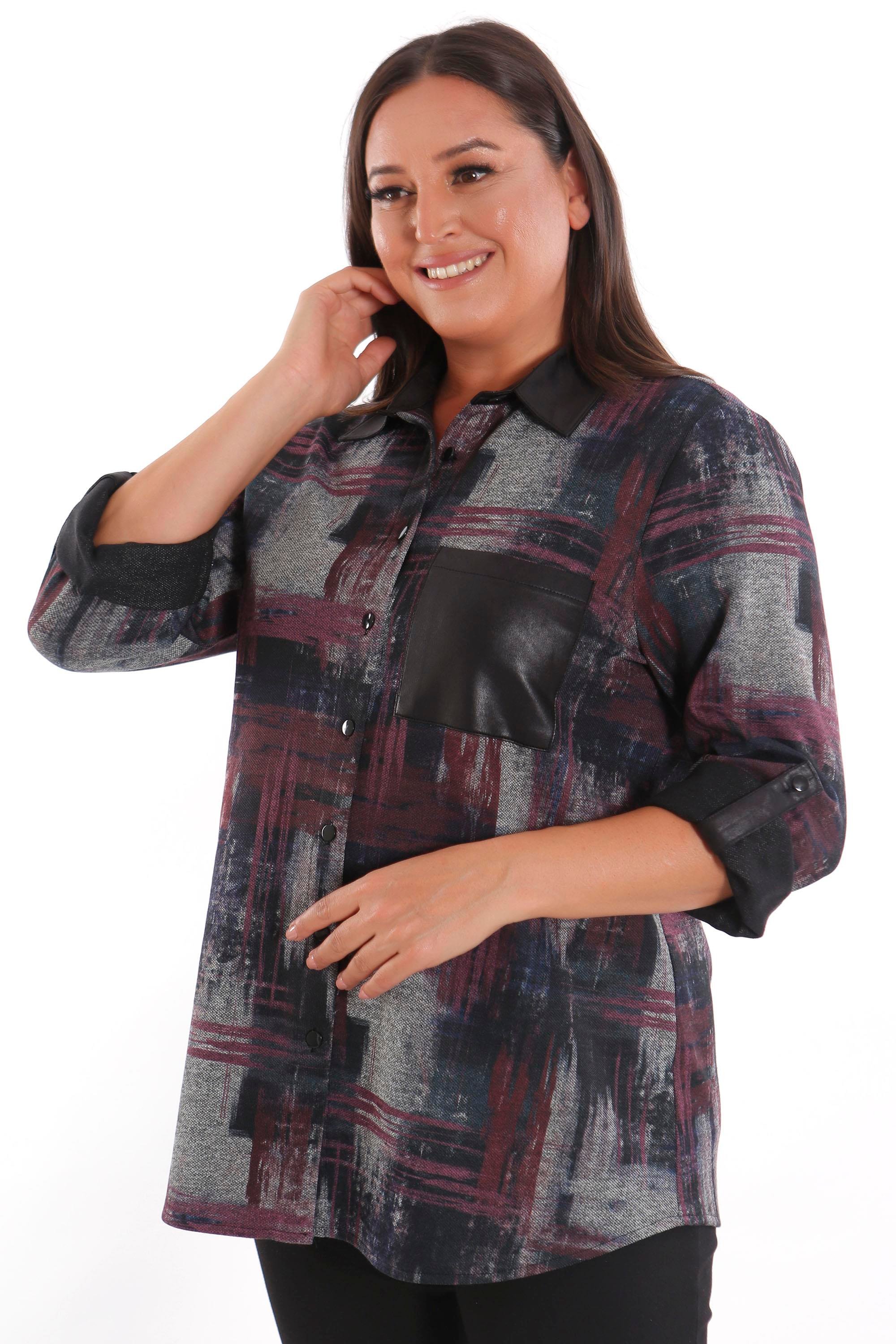 Trend42plus Büyük Beden Geçiş Desenli Deri Cep Detaylı Bordo Gömlek