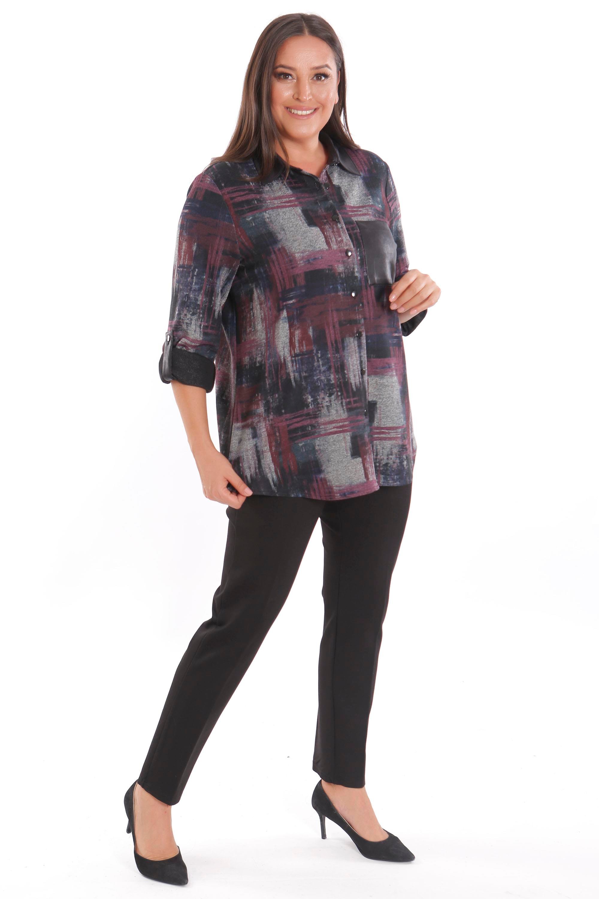 Trend42plus Büyük Beden Geçiş Desenli Deri Cep Detaylı Bordo Gömlek