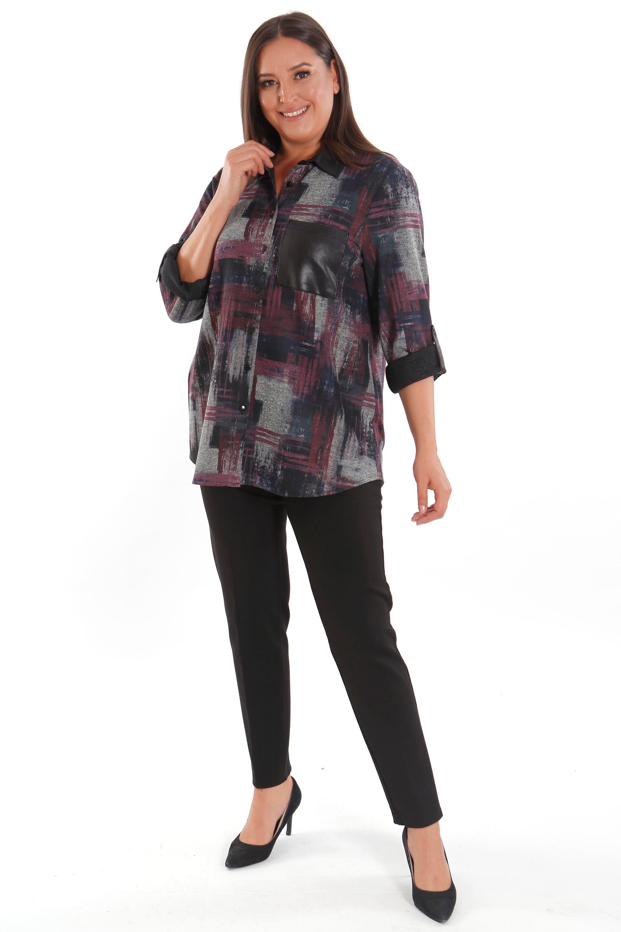 Trend42plus Büyük Beden Geçiş Desenli Deri Cep Detaylı Bordo Gömlek