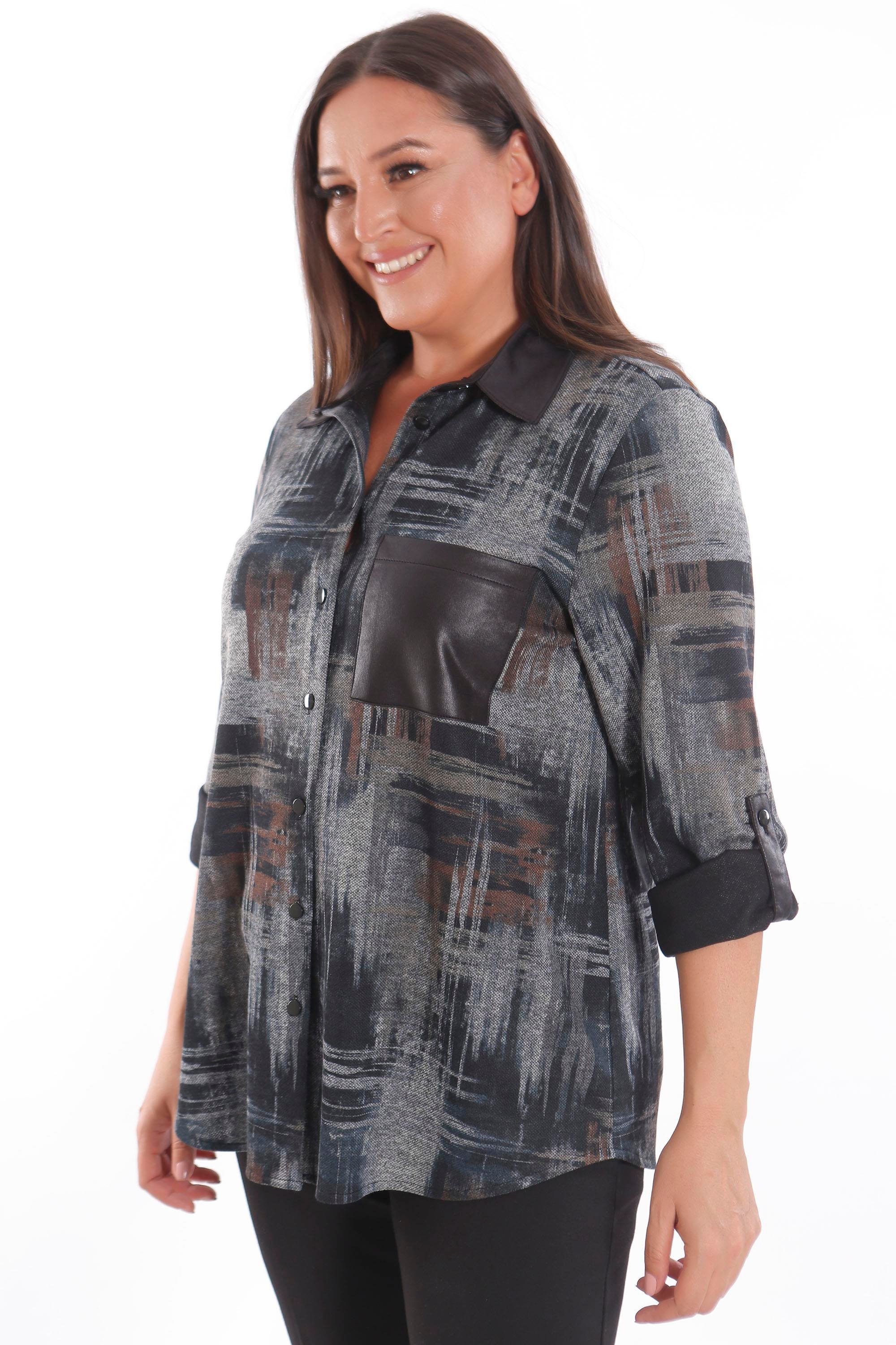 Trend42plus Büyük Beden Geçiş Desenli Deri Cep Detaylı Kahverengi Gömlek