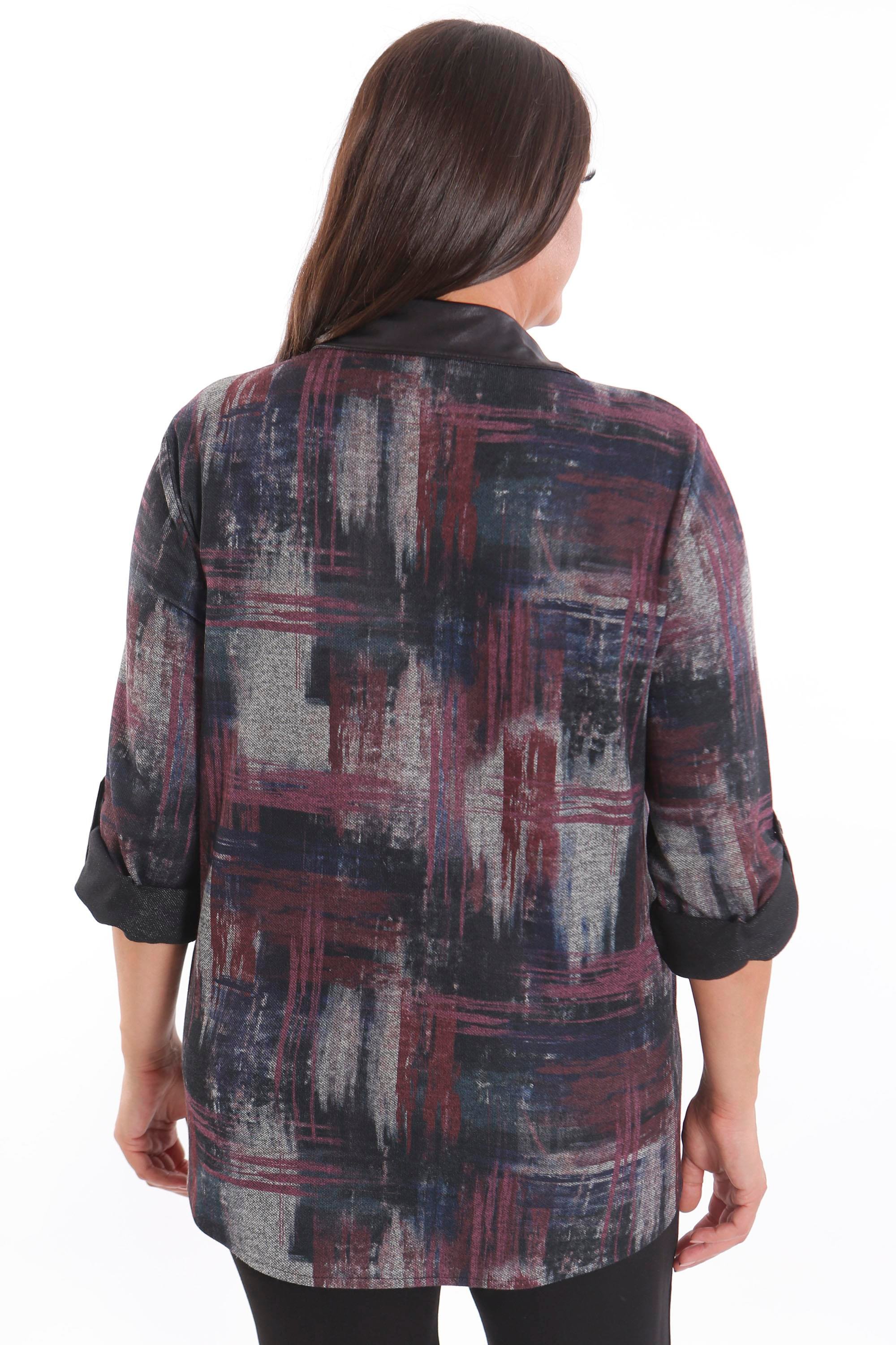 Trend42plus Büyük Beden Geçiş Desenli Deri Cep Detaylı Bordo Gömlek