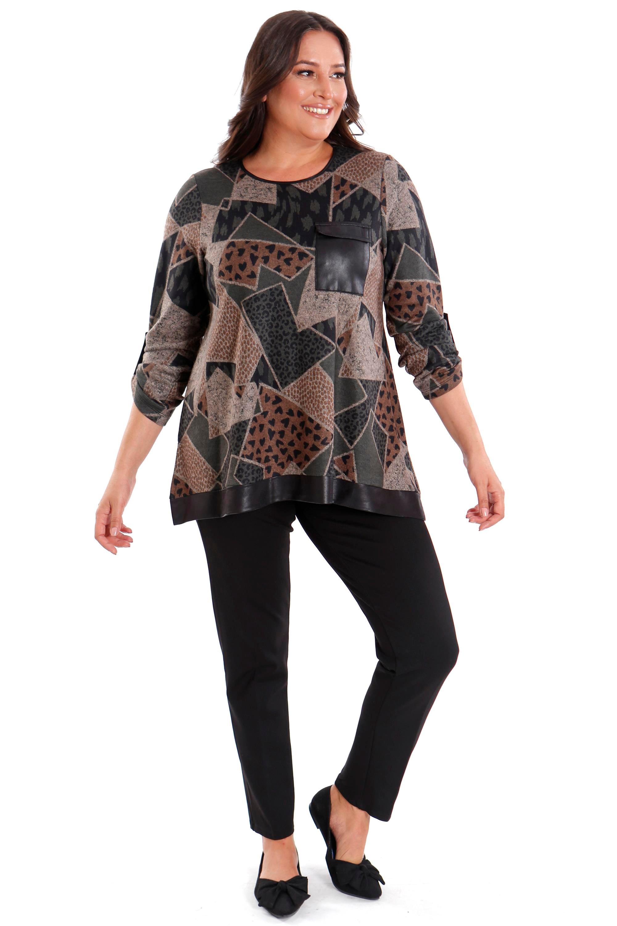 Trend42plus Büyük Beden Geometrik Desenli Deri Cepli Haki Bluz