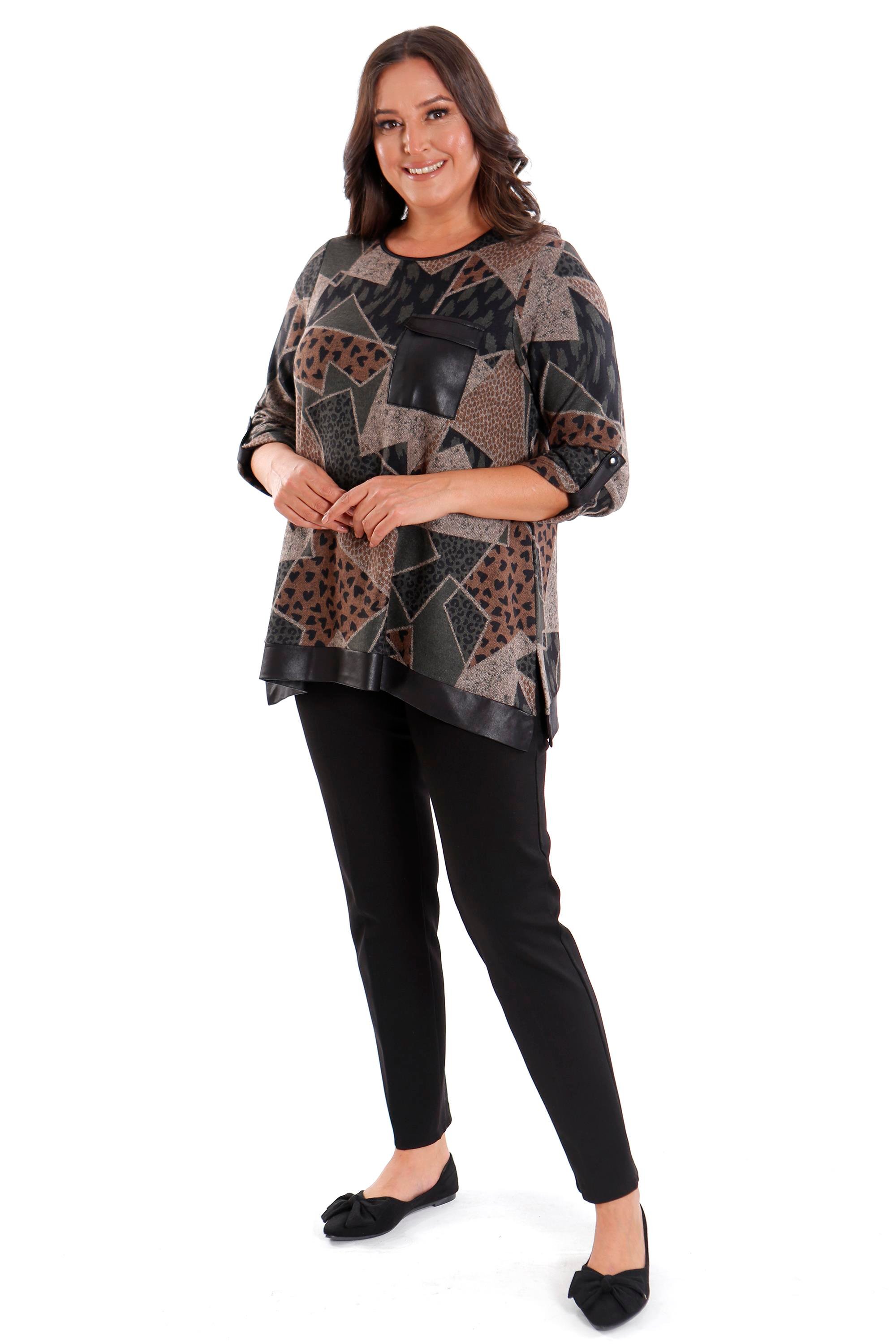 Trend42plus Büyük Beden Geometrik Desenli Deri Cepli Haki Bluz