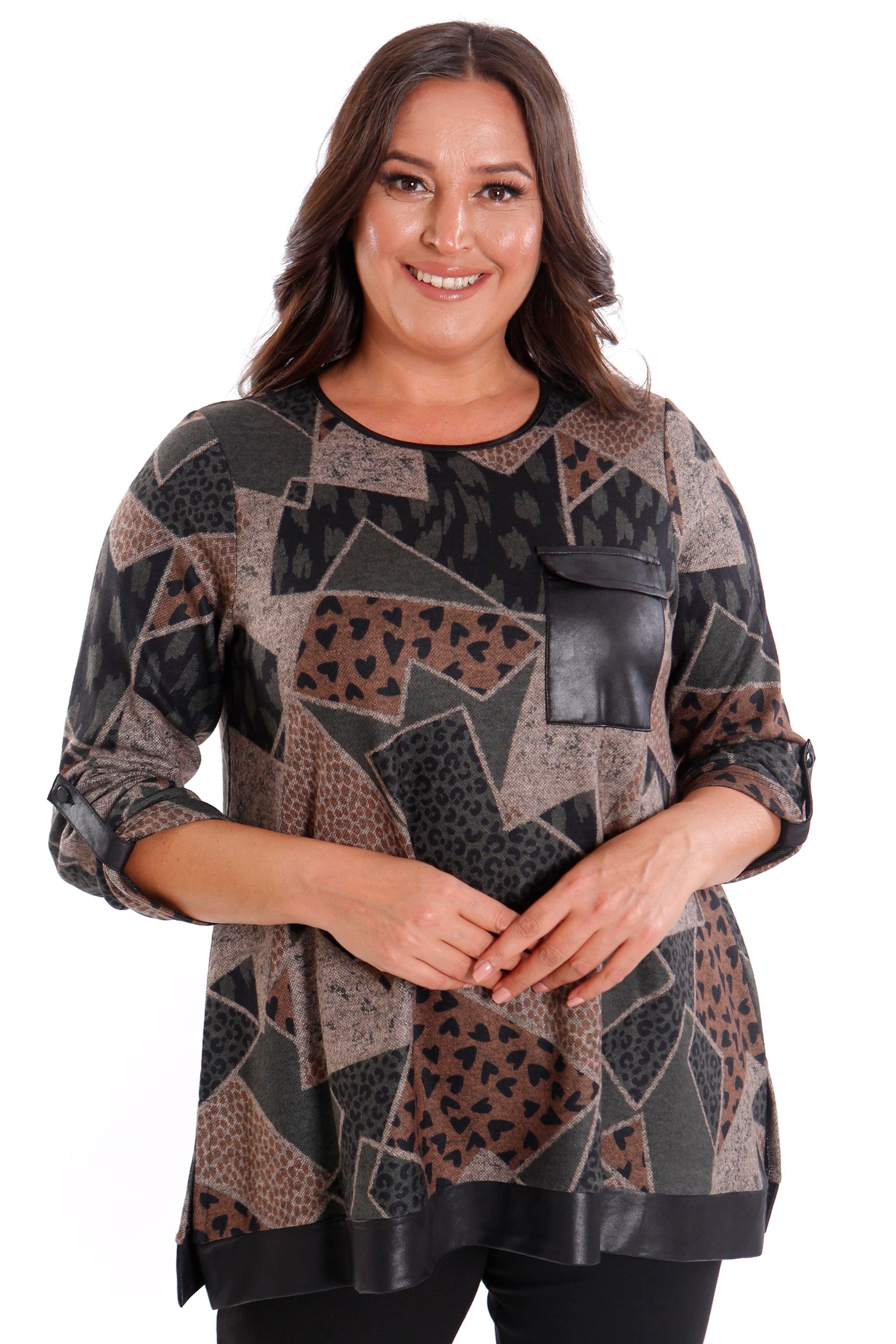 Trend42plus Büyük Beden Geometrik Desenli Deri Cepli Haki Bluz