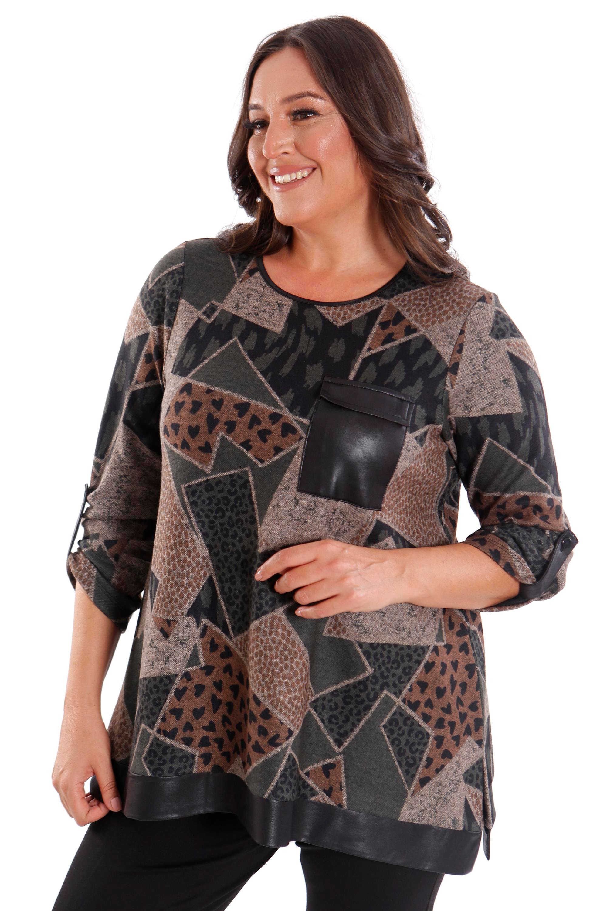 Trend42plus Büyük Beden Geometrik Desenli Deri Cepli Haki Bluz