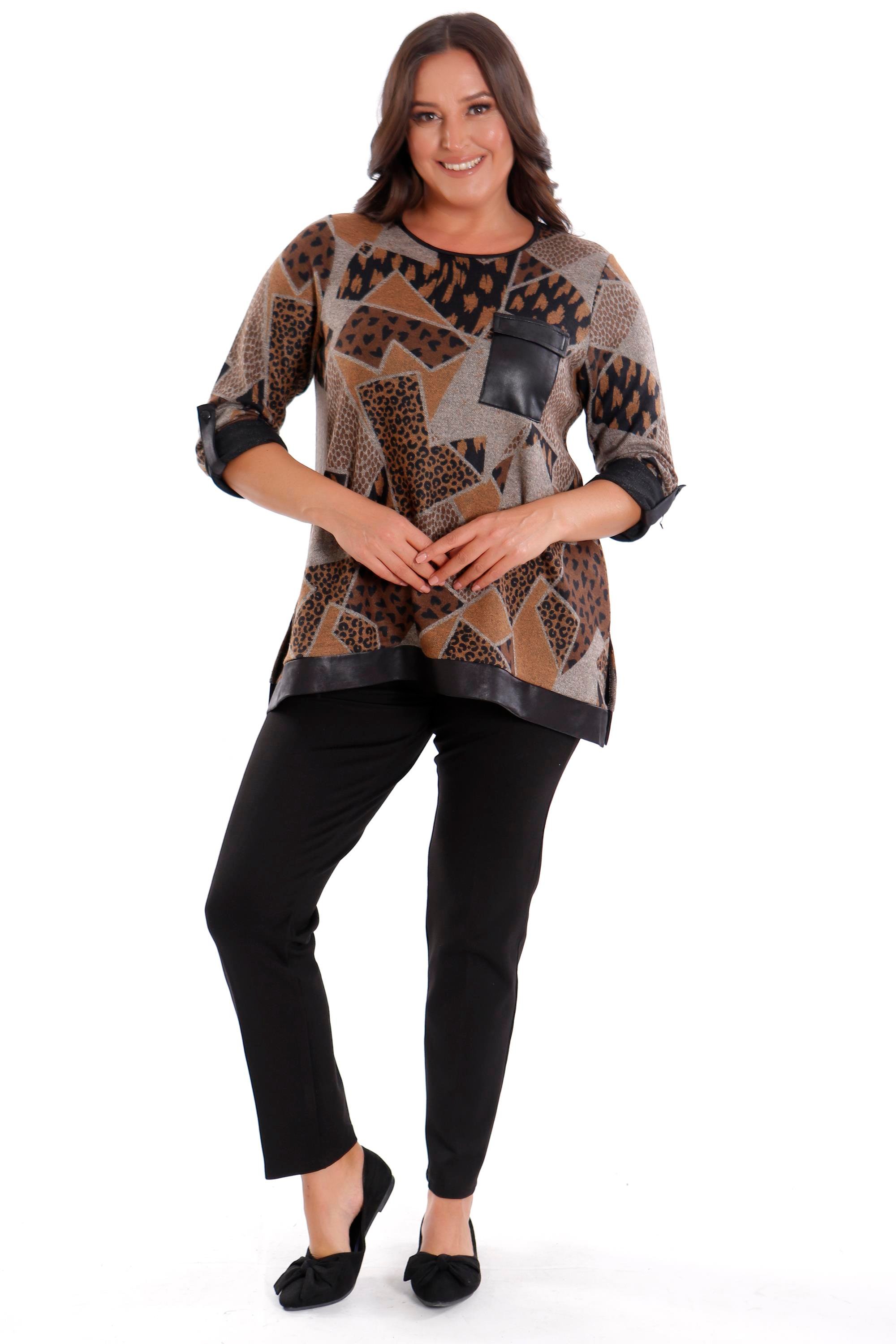 Trend42plus Büyük Beden Geometrik Desenli Deri Cepli Kahverengi Bluz