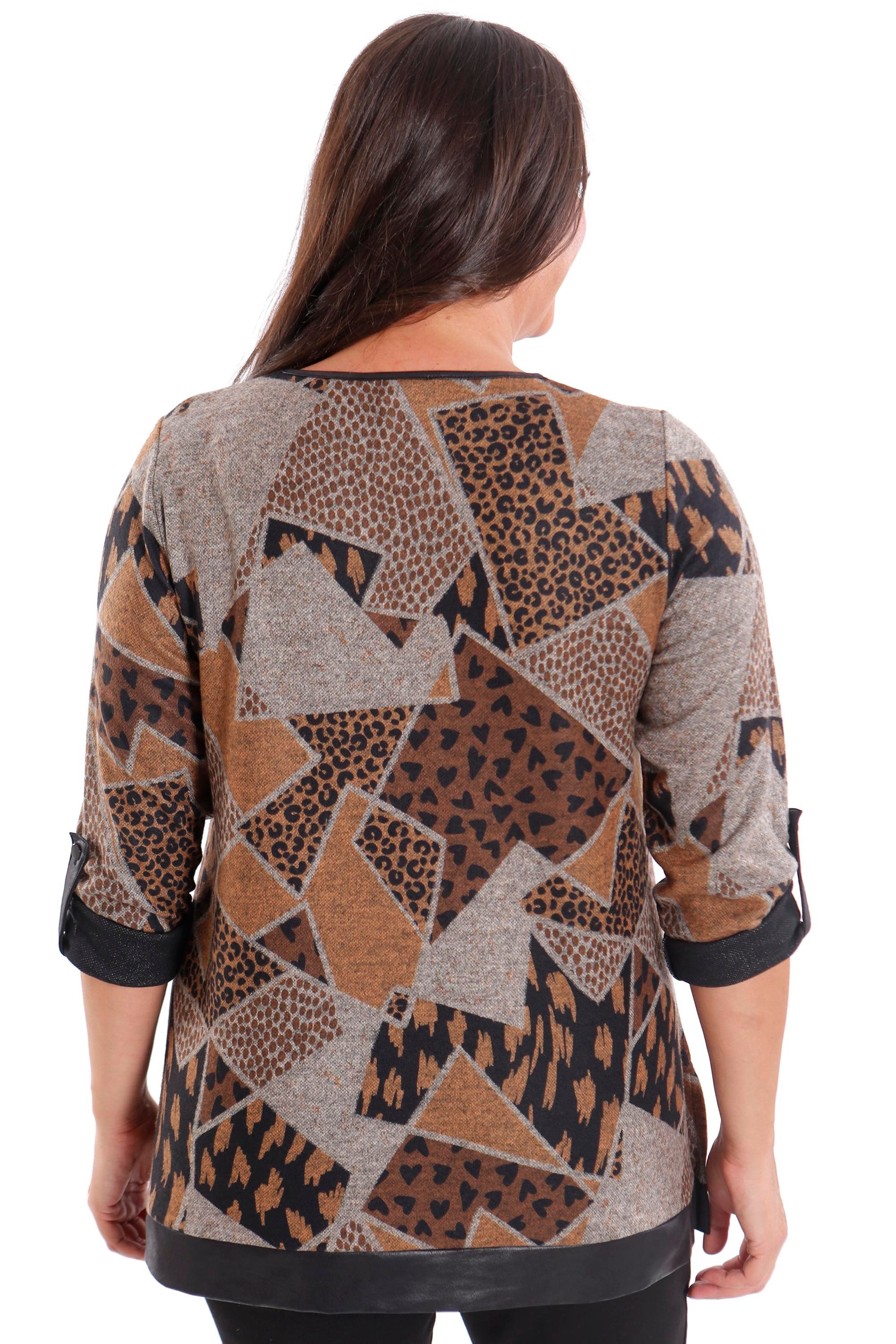 Trend42plus Büyük Beden Geometrik Desenli Deri Cepli Kahverengi Bluz