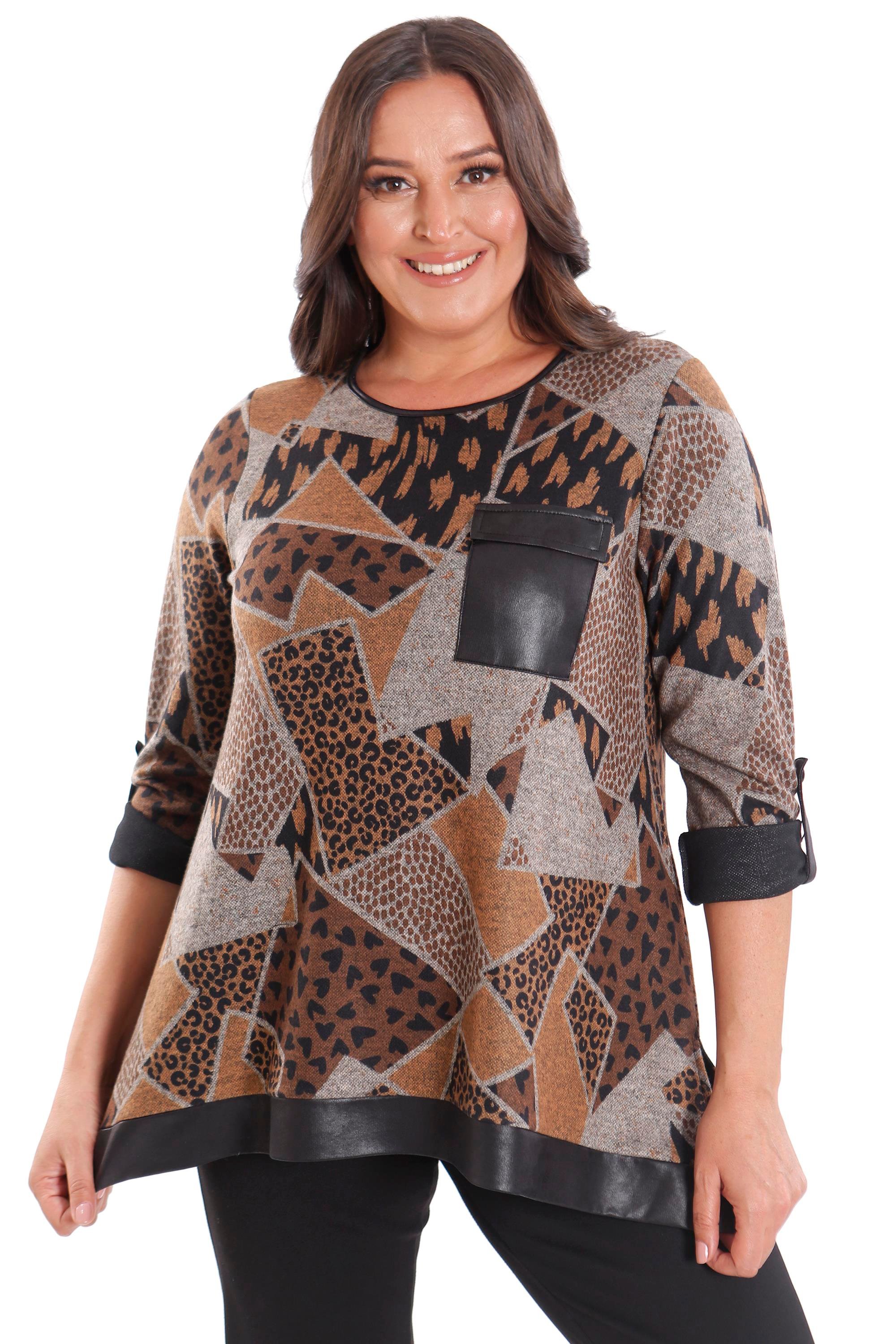Trend42plus Büyük Beden Geometrik Desenli Deri Cepli Kahverengi Bluz