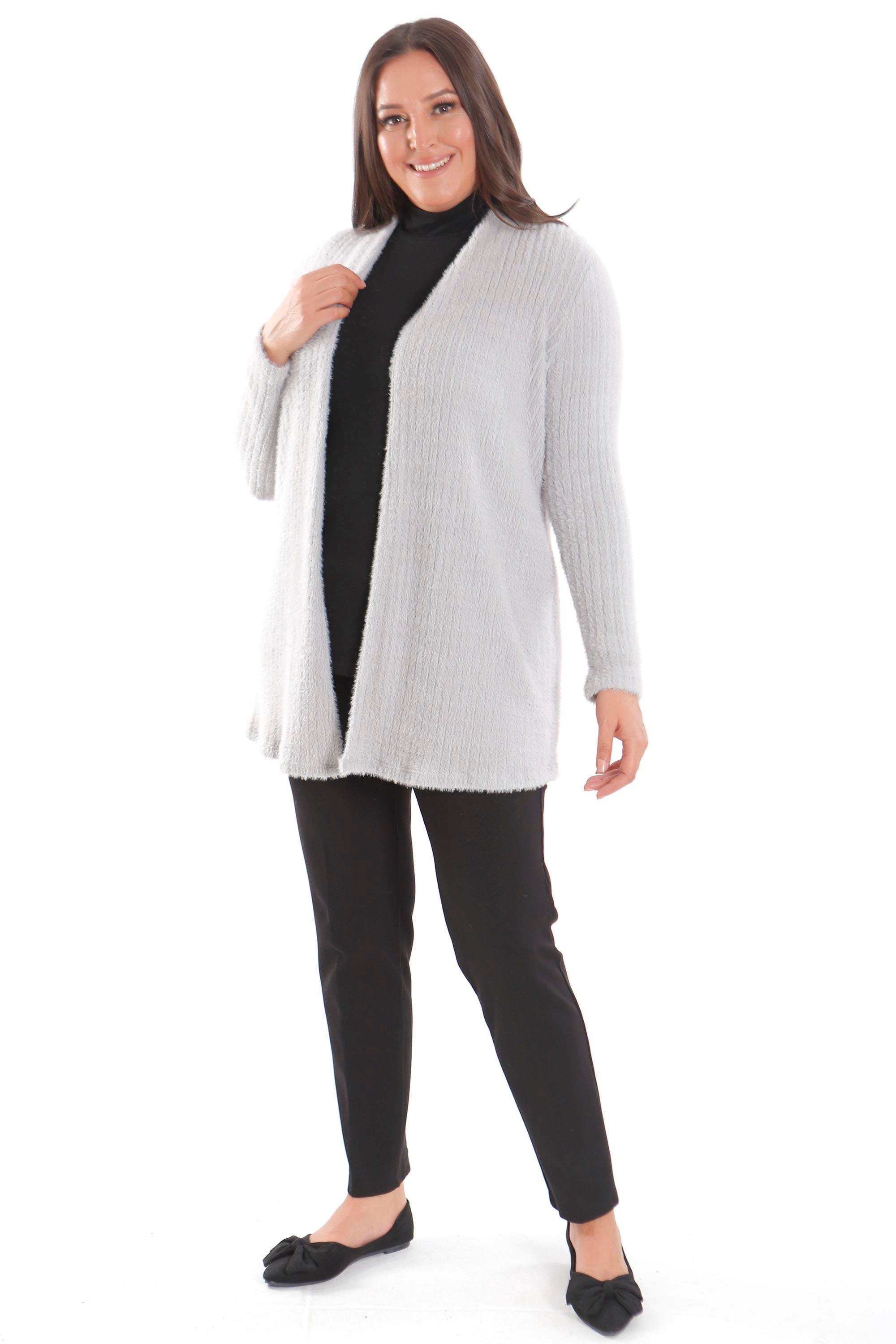 Trend42plus Büyük Beden Gri Kendinden Kıvrımlı Yumoş Hırka