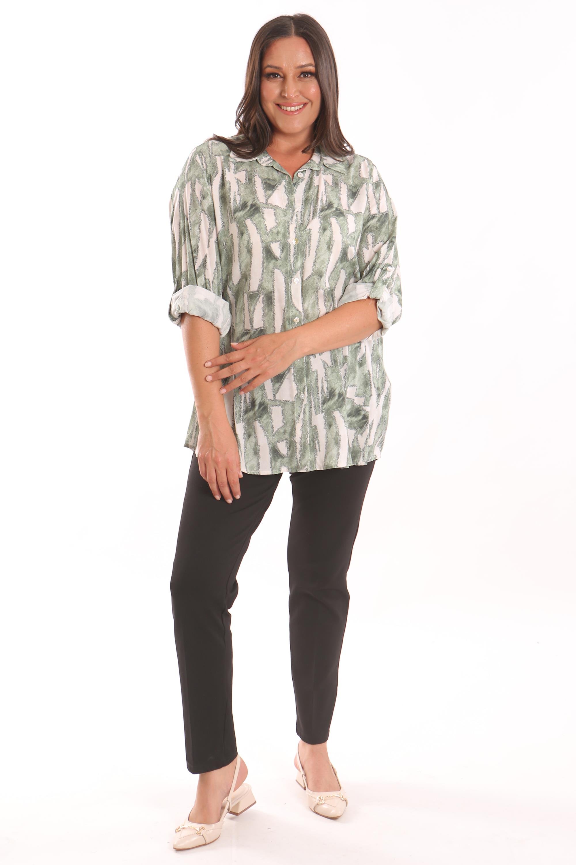 Trend42plus Büyük Beden Haki Dijital Baskılı Desenli Gömlek