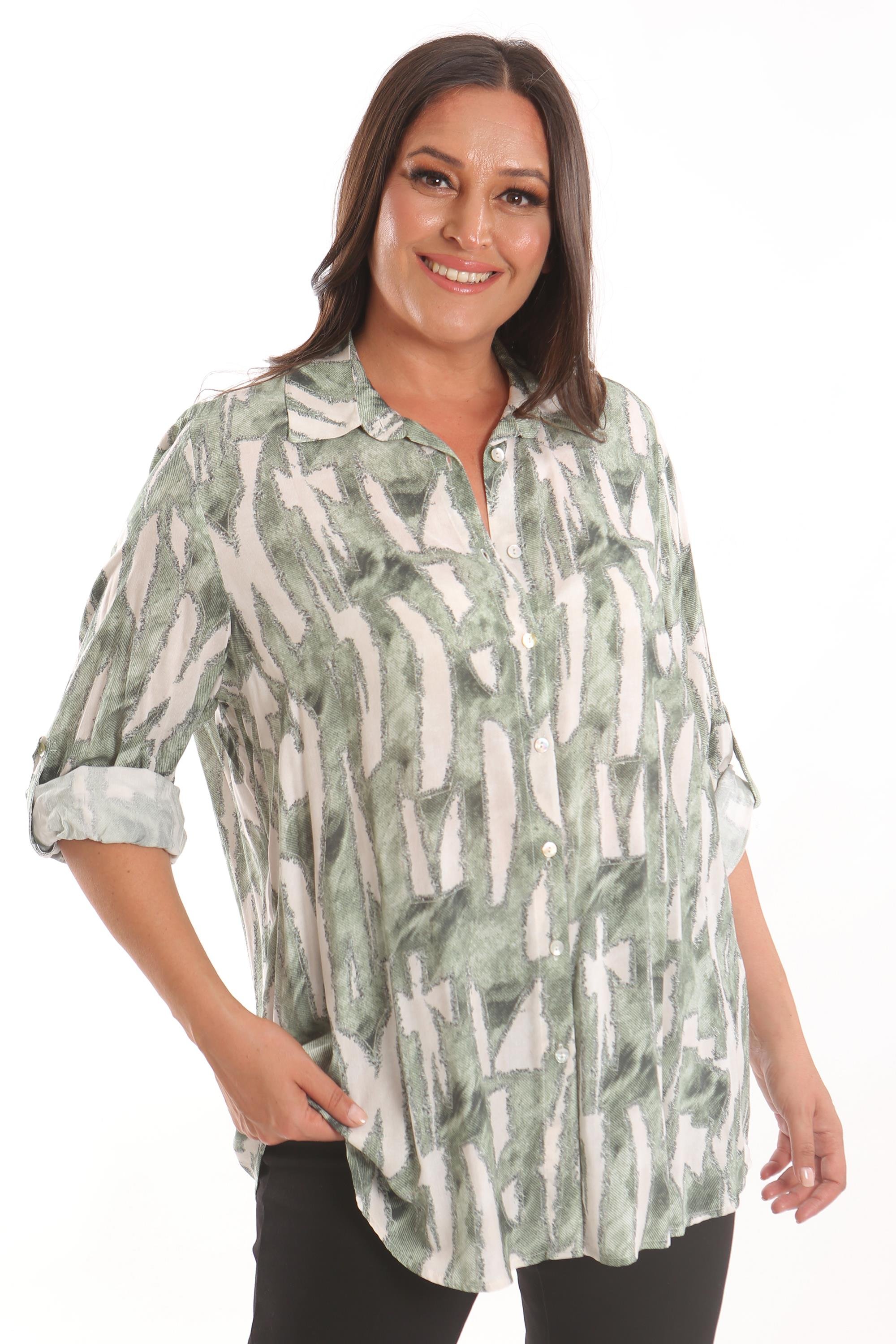 Trend42plus Büyük Beden Haki Dijital Baskılı Desenli Gömlek